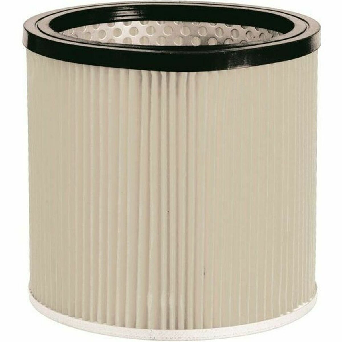 Un filtro per aspirapolvere cilindrico di colore chiaro con pieghe e bordo nero in alto.