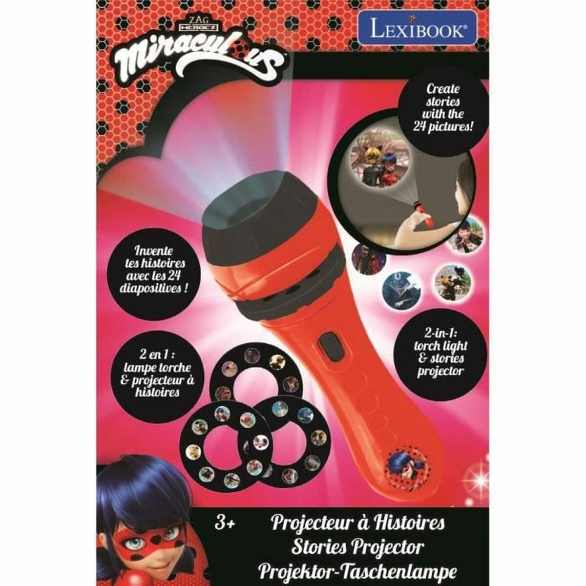 Linterna proyector de historias roja con 24 imágenes, inspirada en Miraculous.