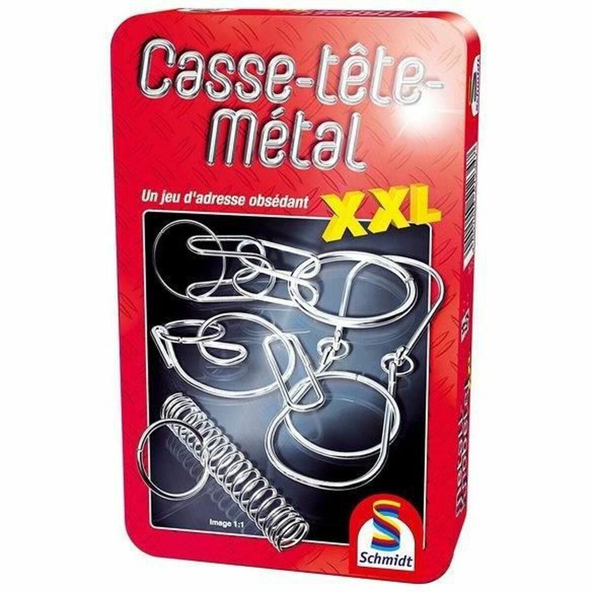 Scatola con puzzle in metallo, "Casse-tête Métal XXL", con diversi anelli metallici intrecciati.
