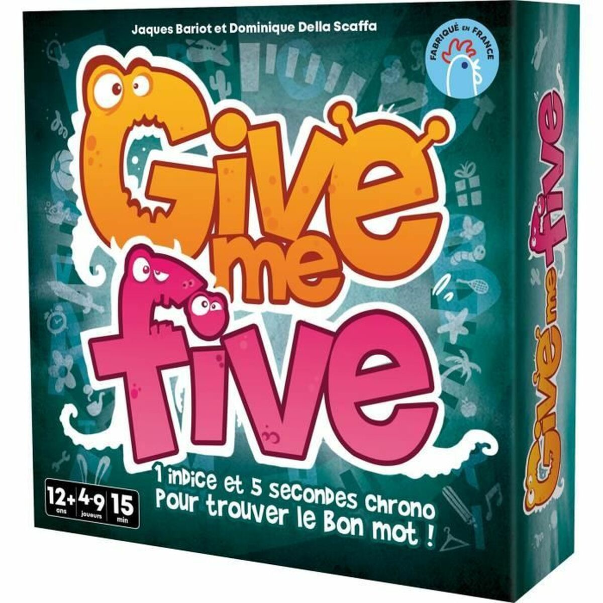 Brettspiel "Give me five" mit bunten Monstern und Spielinformationen.
