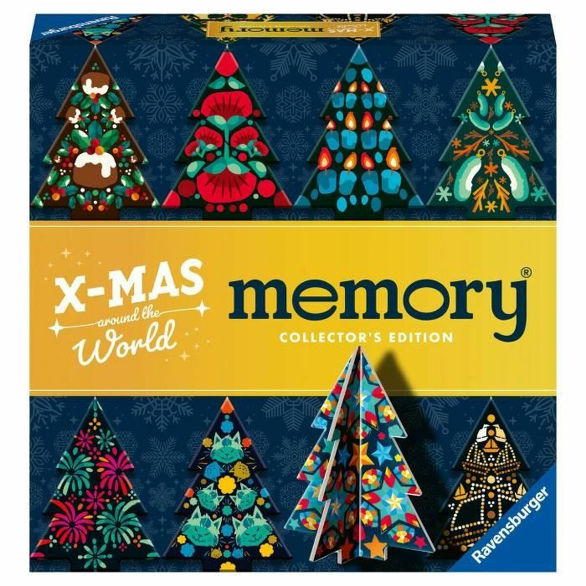 Pudełko gry X-MAS Memory Collector's Edition z kolorowymi choinkami i wzorem płatków śniegu.