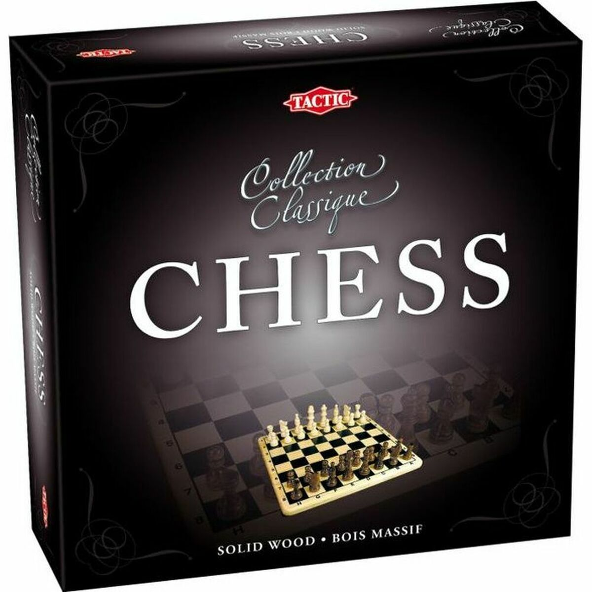 Schwarze Schachbox mit "Collection Classique" und "CHESS" Schriftzug. Spielbrett mit Figuren im Vordergrund.