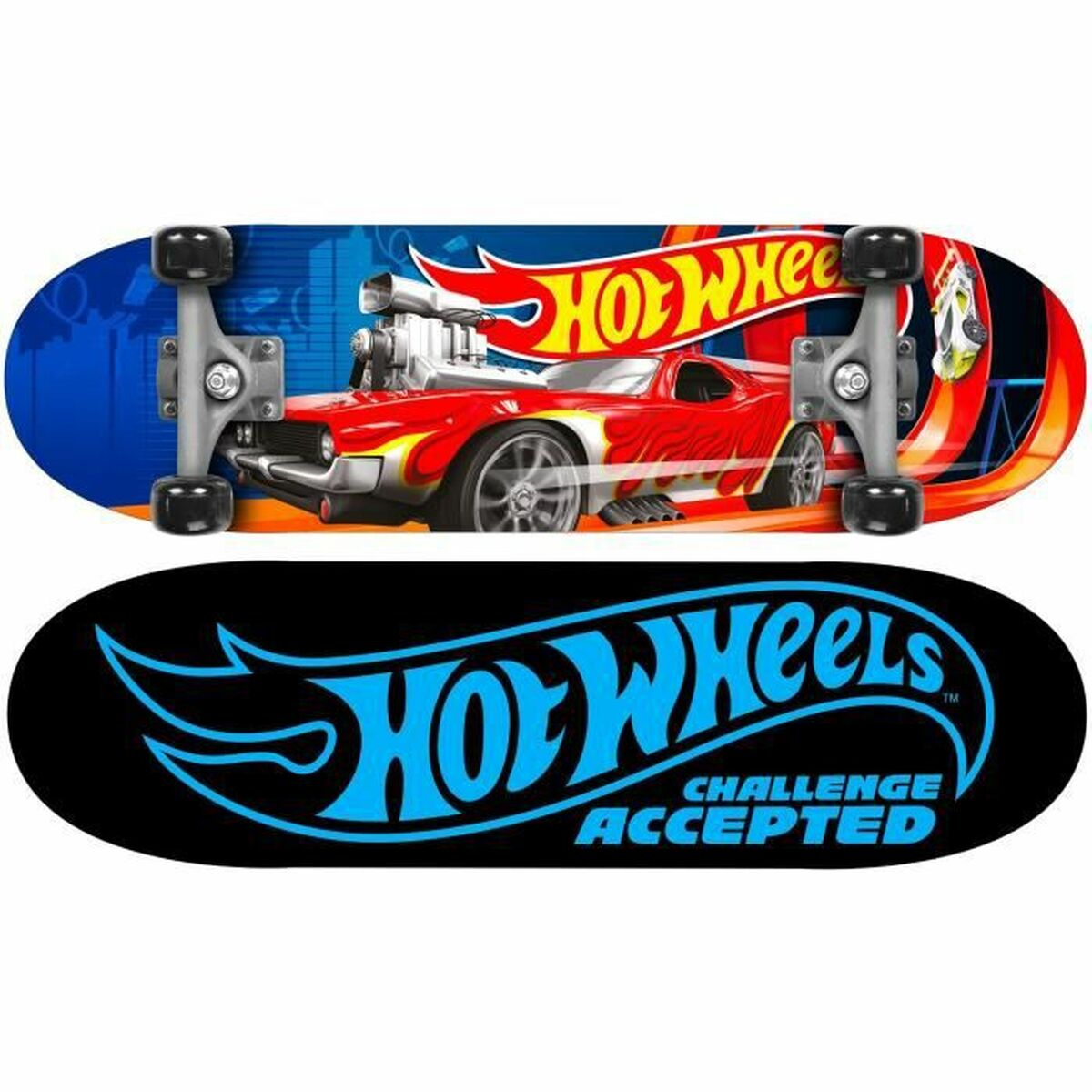 Skateboard-Deck mit rotem Hot Wheels-Auto und Logo oben, blauem Logo unten auf Schwarz.