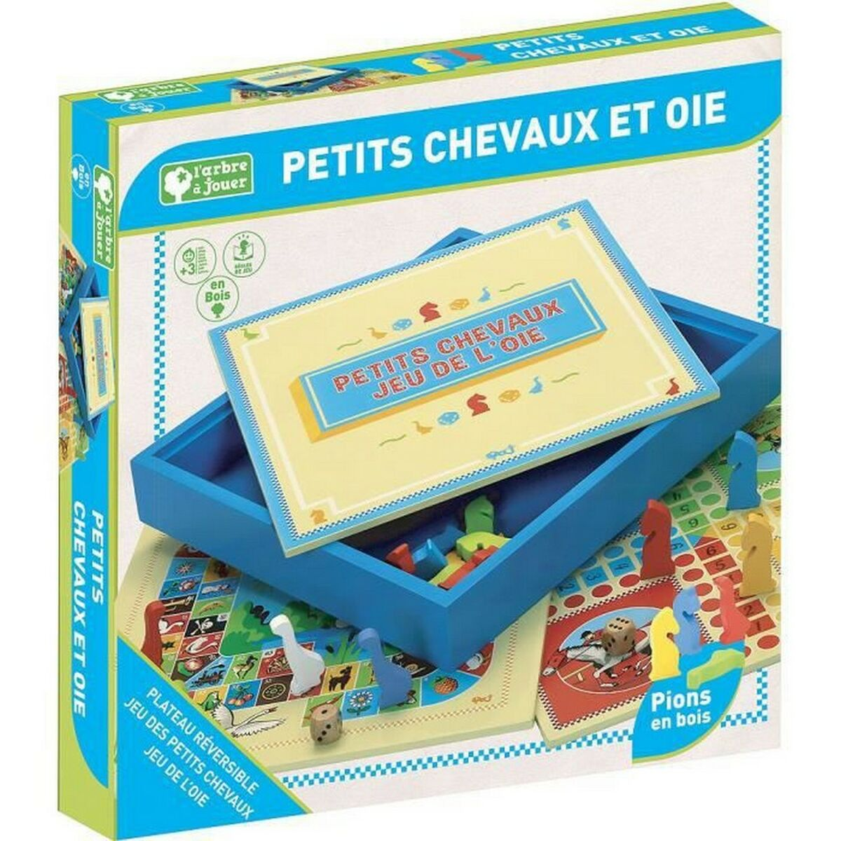 Doos bordspel met paarden en gans. Bevat spelonderdelen en dobbelstenen.
