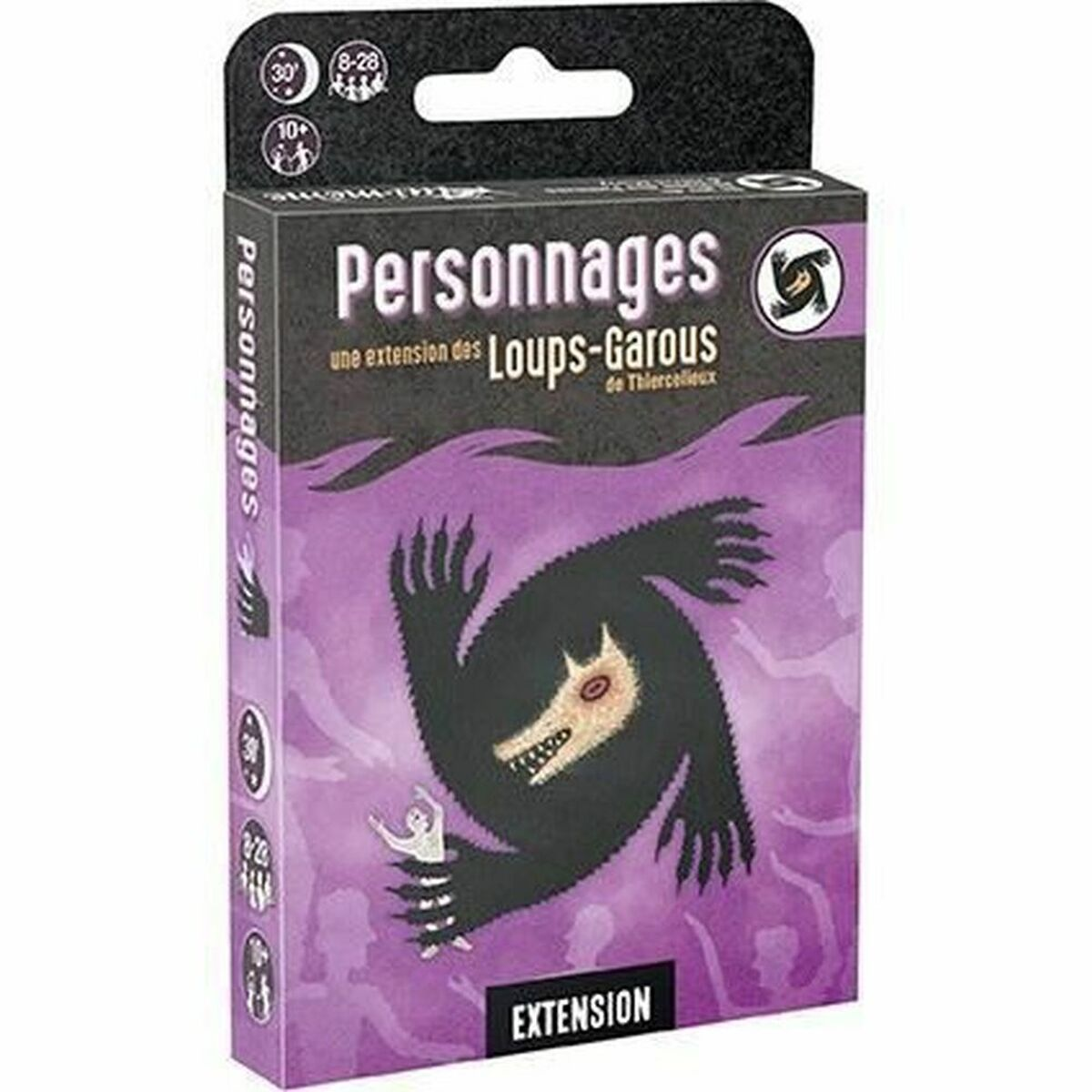 Espansione del gioco da tavolo 'Personnages des Loups-Garous' con illustrazione di lupo mannaro.