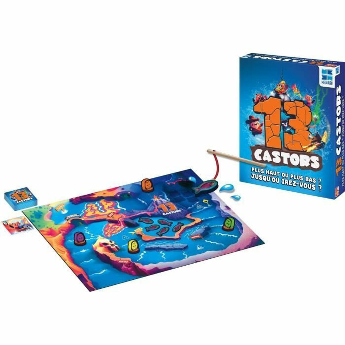 Brettspiel mit Karte, Würfeln und Angelrute auf weißem Hintergrund.