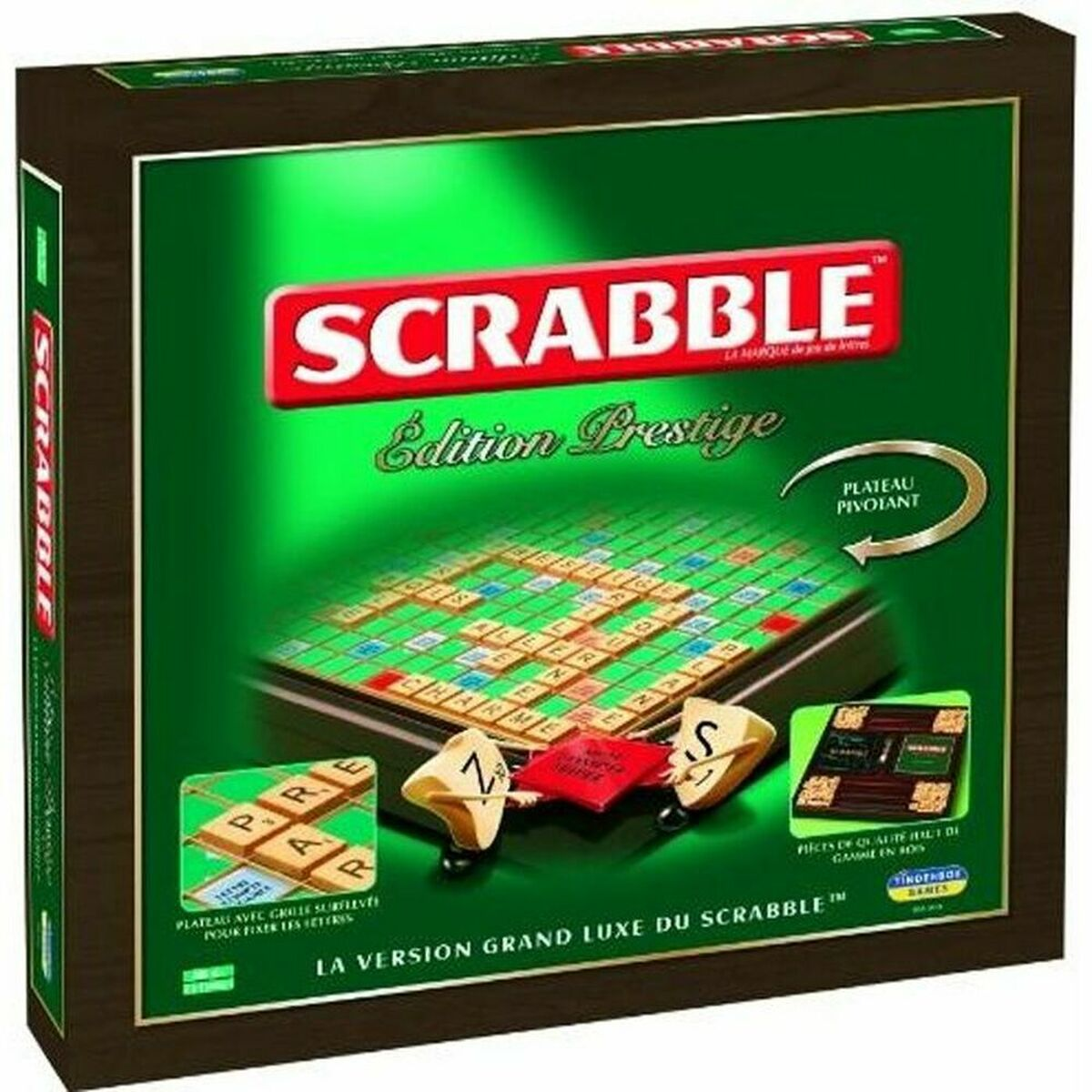 Doos Scrabble Prestige editie met spelbord, tegels en spelonderdelen.