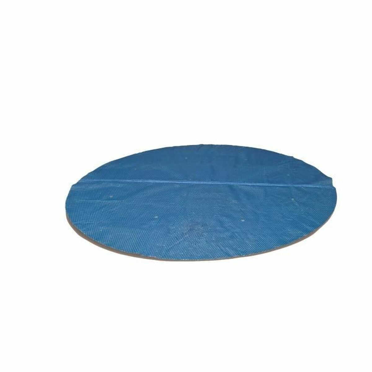 Eine blaue, runde Poolabdeckung liegt auf einem weißen Hintergrund.