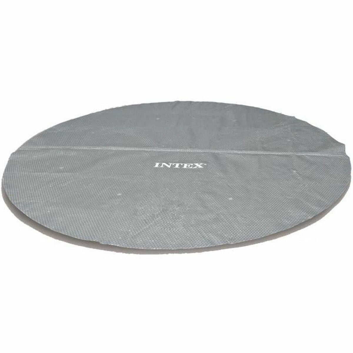 Eine graue, runde Poolabdeckung mit dem Intex-Logo.