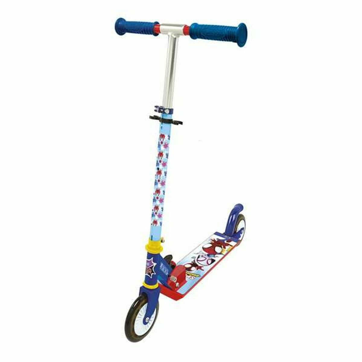 Un monopattino blu a tema Spider-Man con manici rossi.