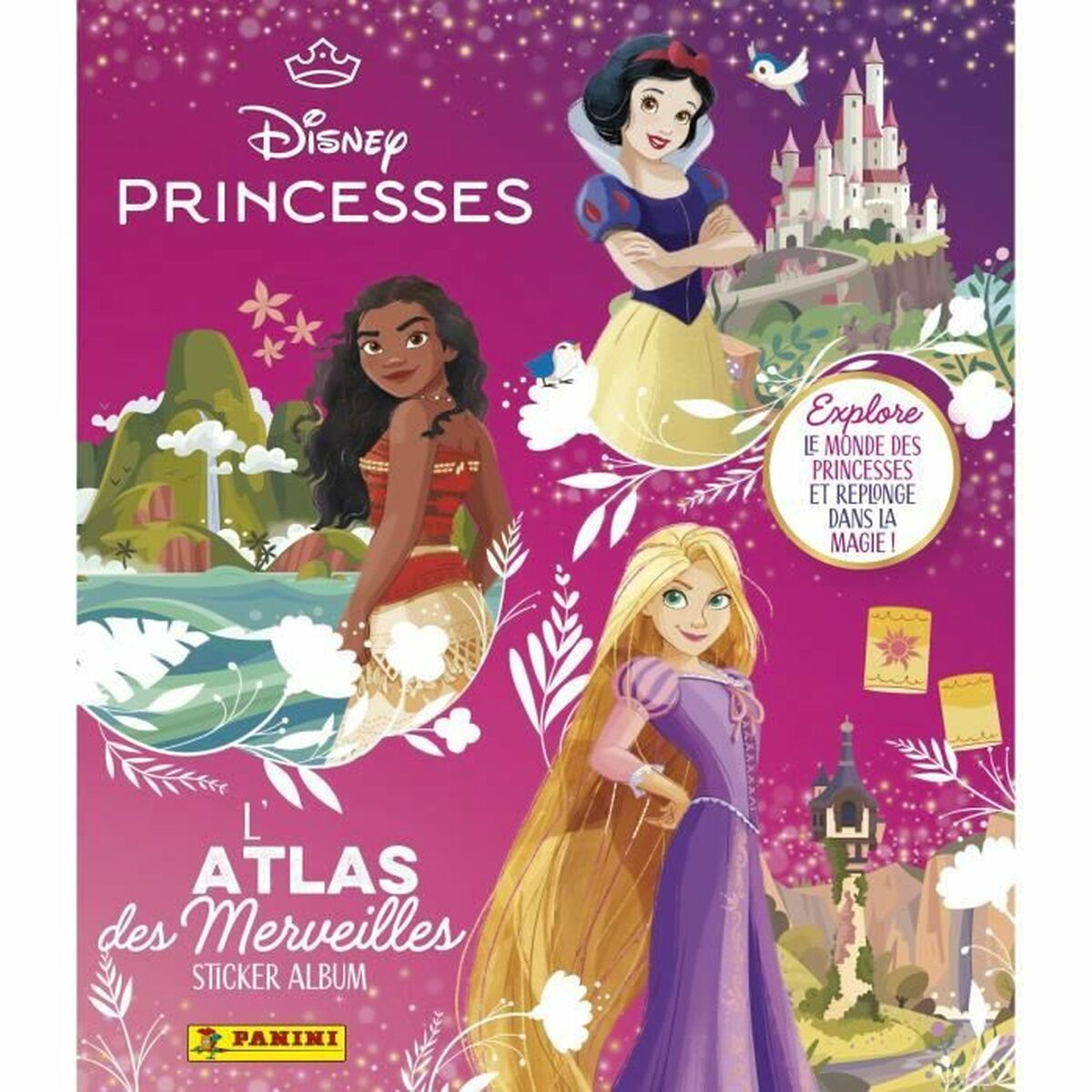 Album figurine Principesse Disney con Biancaneve, Moana e Rapunzel.
