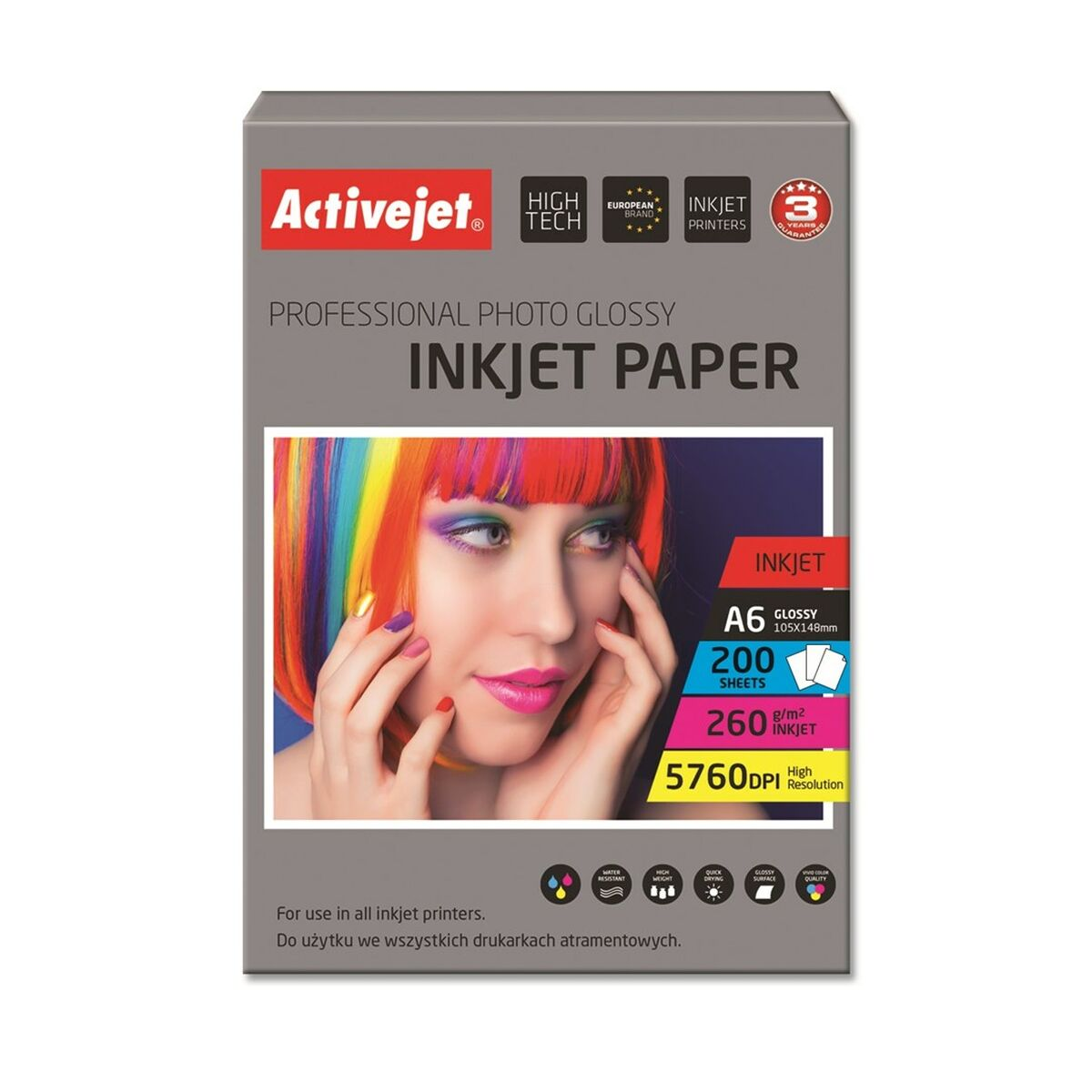 Opakowanie papieru Activejet do drukarek atramentowych, A6, 200 arkuszy, z twarzą kobiety.