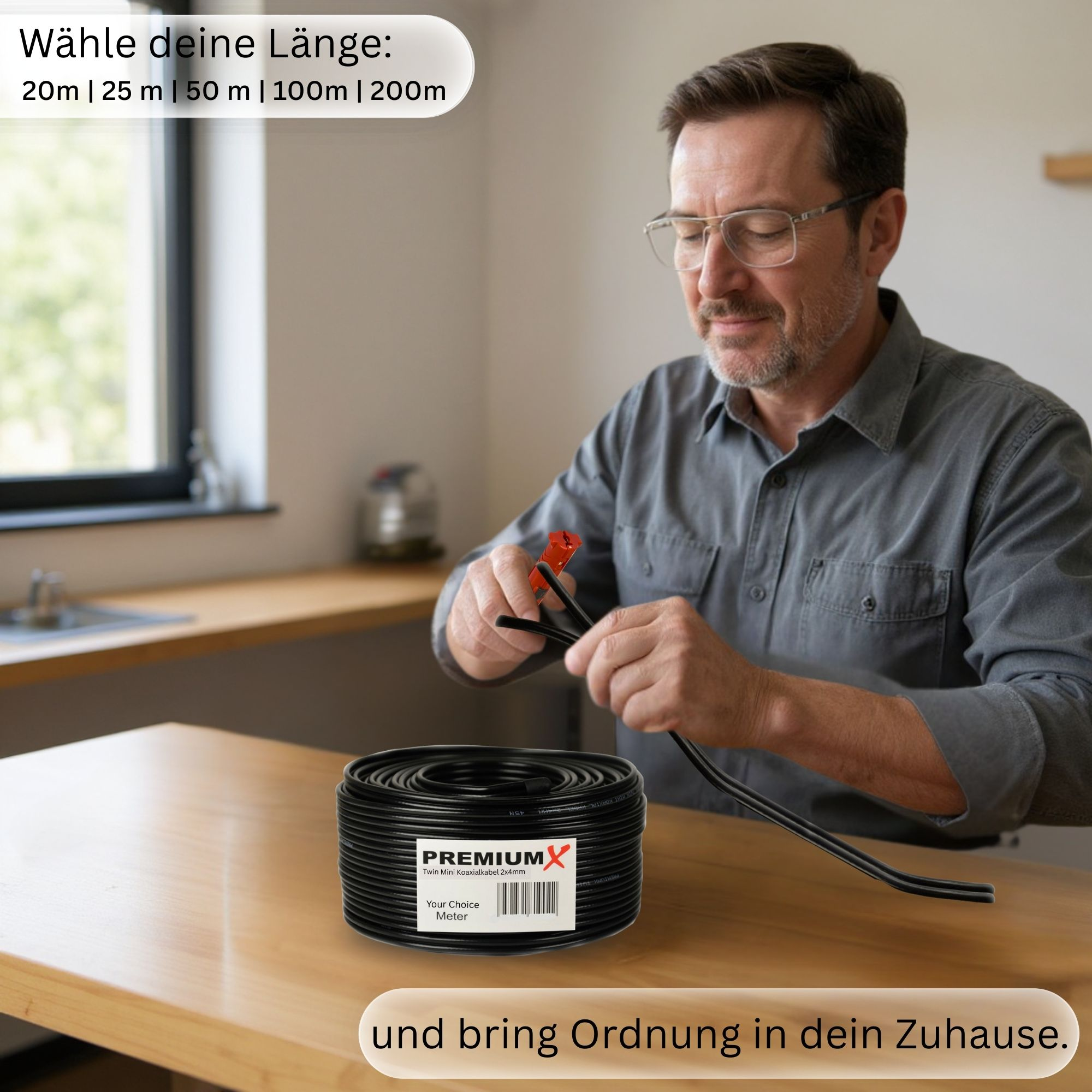 Mann mit Brille bereitet Kabelrolle vor. Text: Wähle deine Länge.