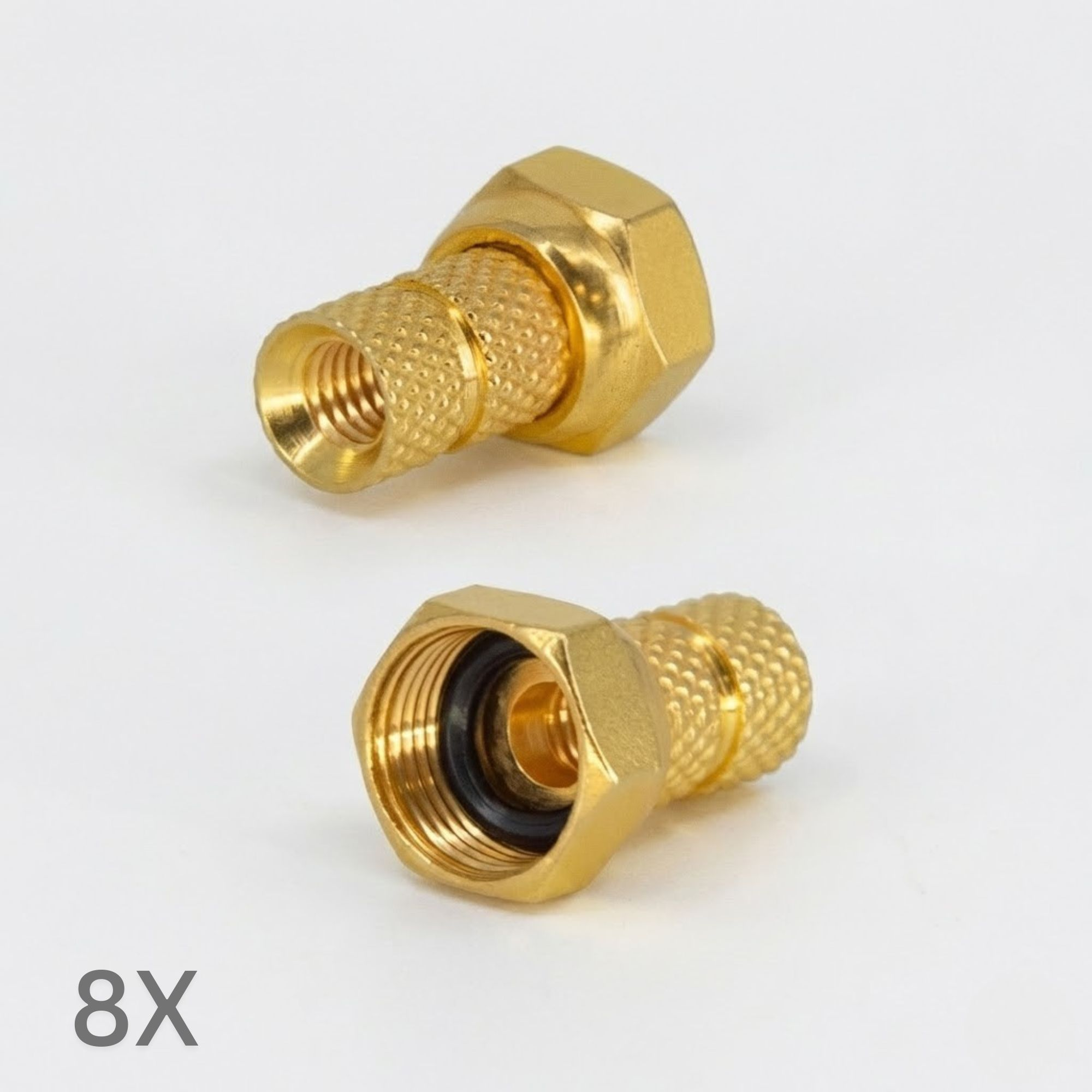 Zwei Messingadapter mit strukturiertem Griff, einer zeigt Innengewinde und schwarze O-Ring-Dichtung.