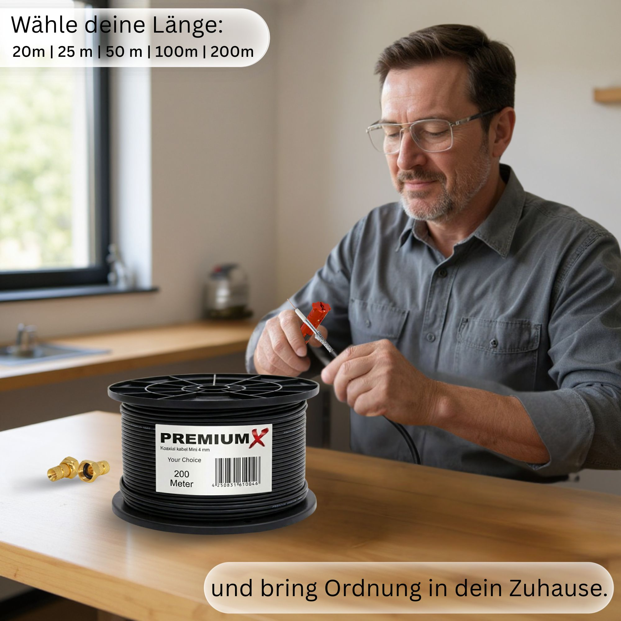 Mann schneidet Kabel von Spule, mit Anschlüssen und Text.