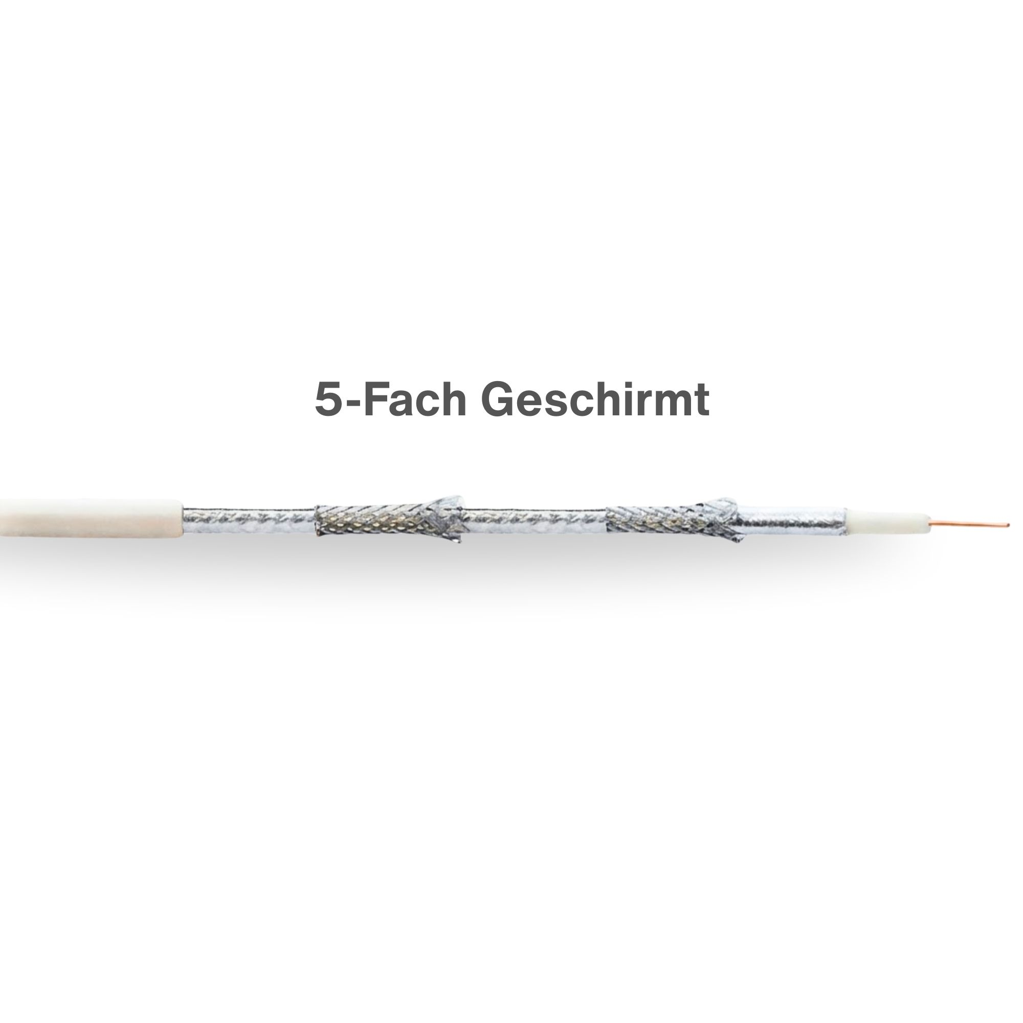 Ein weiß ummanteltes Kabel mit fünffacher Schirmung und freiliegendem Kupferdraht.
