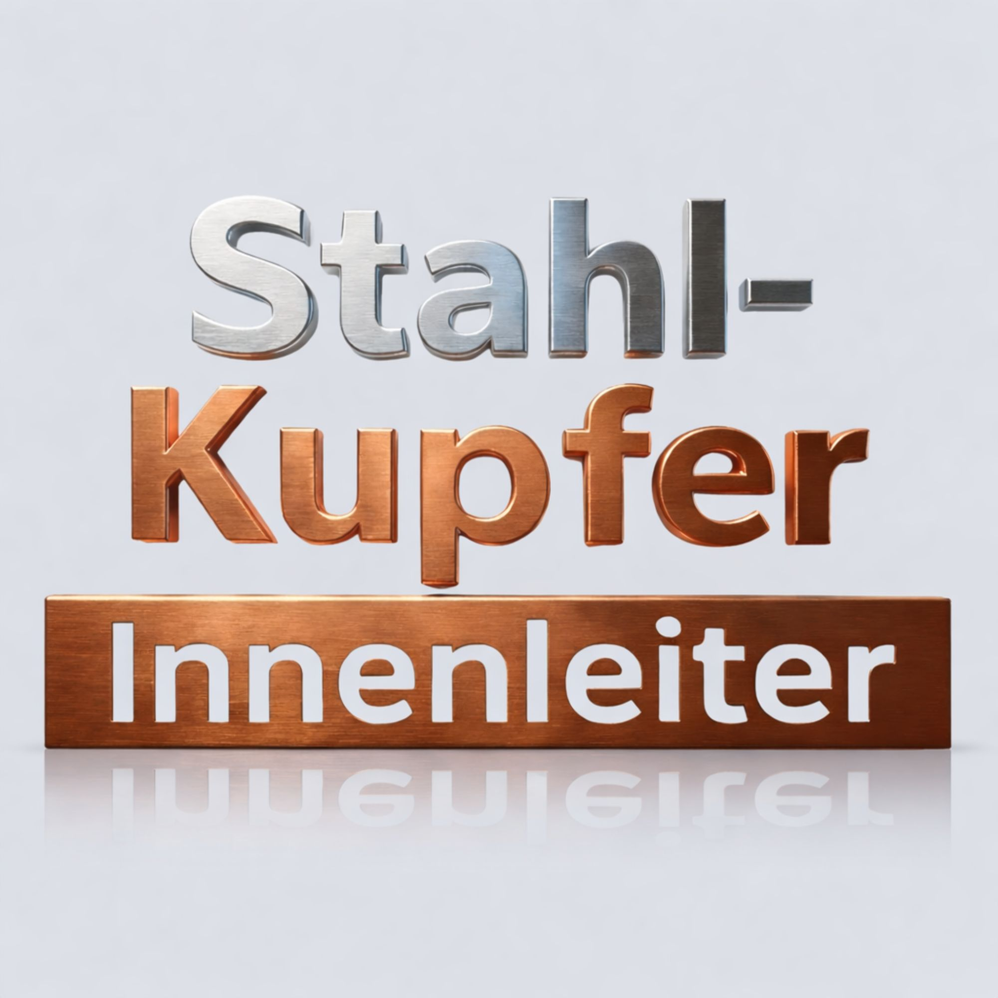 Silberne Buchstaben "Stahl-" über kupfernen "Kupfer" und "Innenleiter".