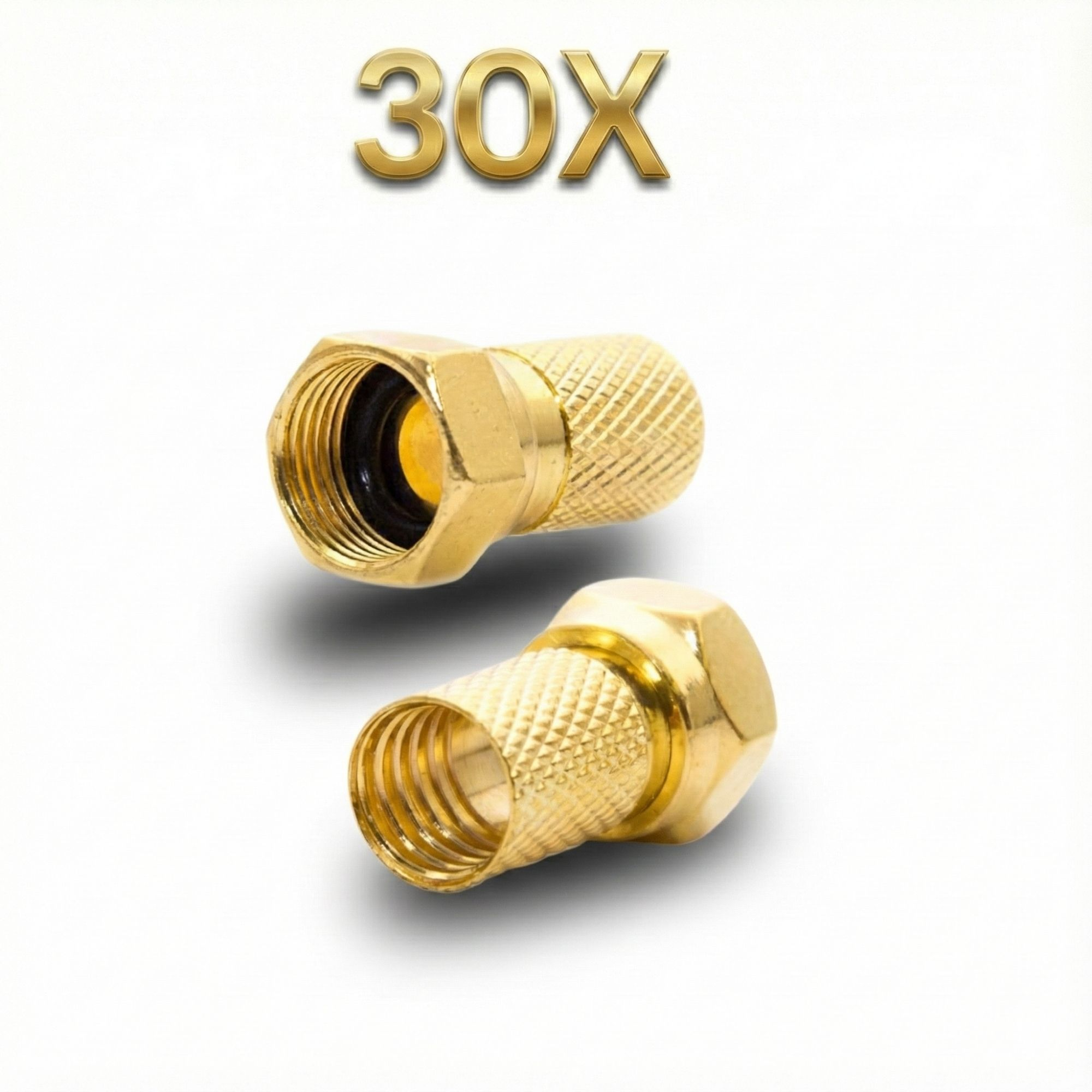 Zwei goldene F-Stecker nebeneinander, mit 30X-Text darüber.