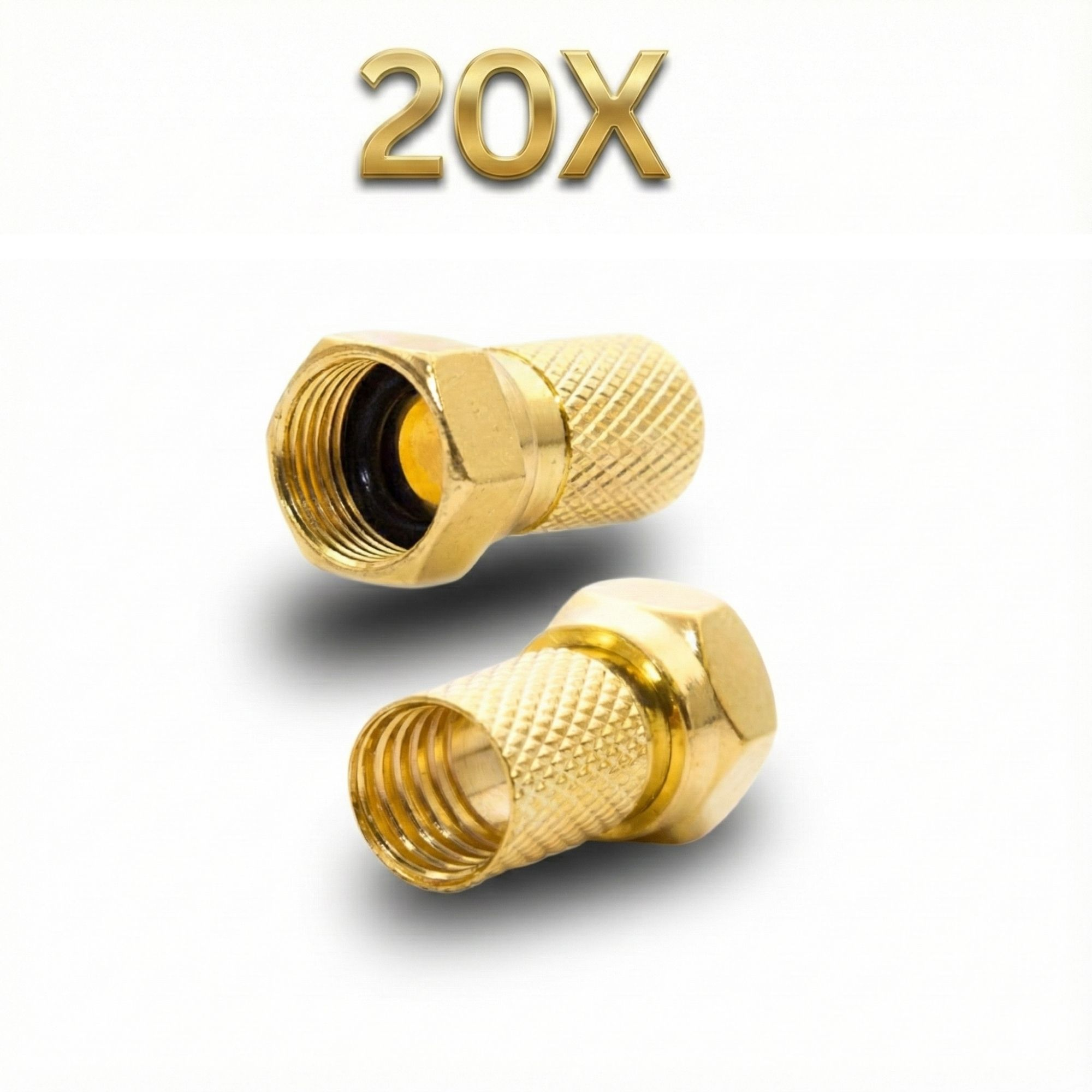 Zwei goldene Koaxialkabelstecker, einer mit Kappe, einer offen, mit „20X“ darüber.