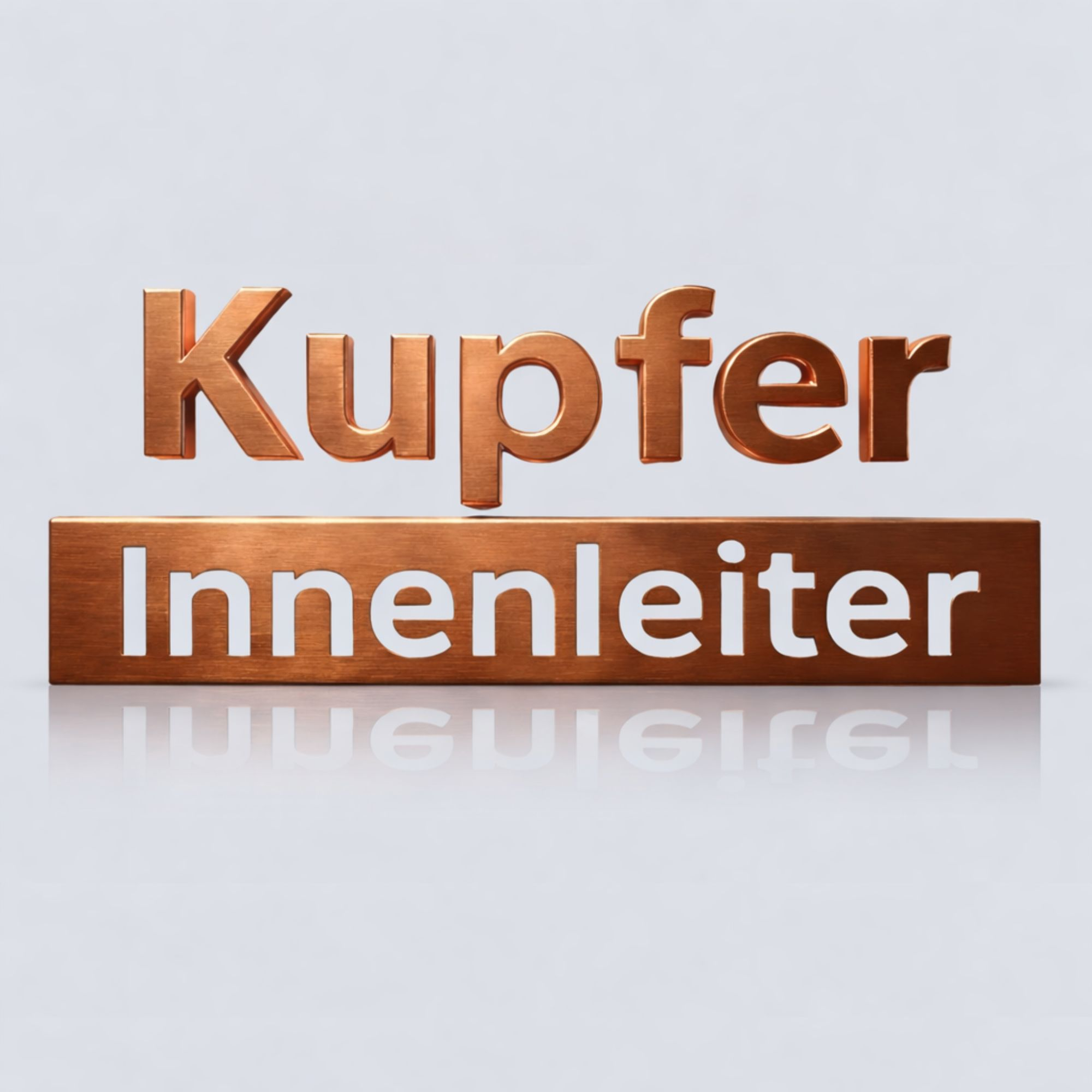 Bronzefarbene 3D-Buchstaben bilden die Wörter Kupfer und Innenleiter auf einem hellen Hintergrund.