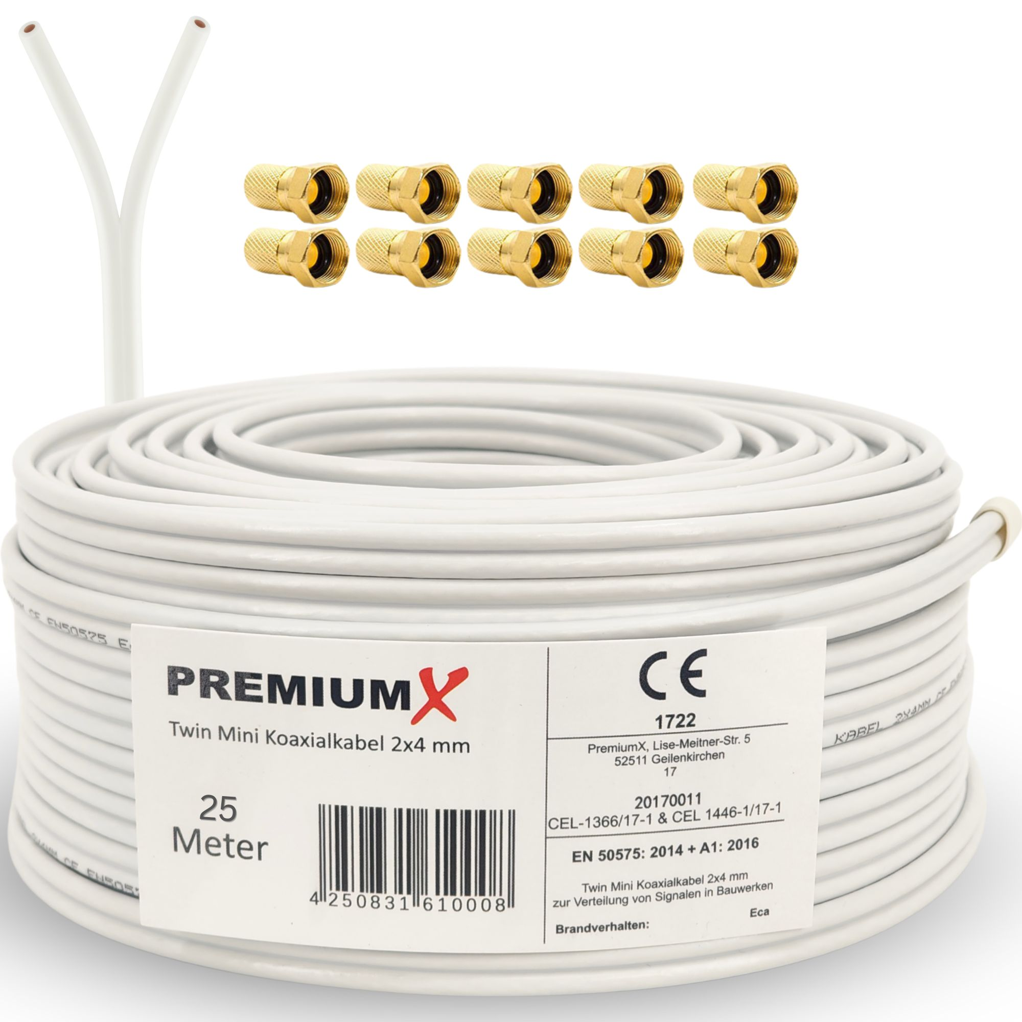 Eine Rolle weißes Koaxialkabel mit 8 goldenen Steckern und CE-Kennzeichnung.