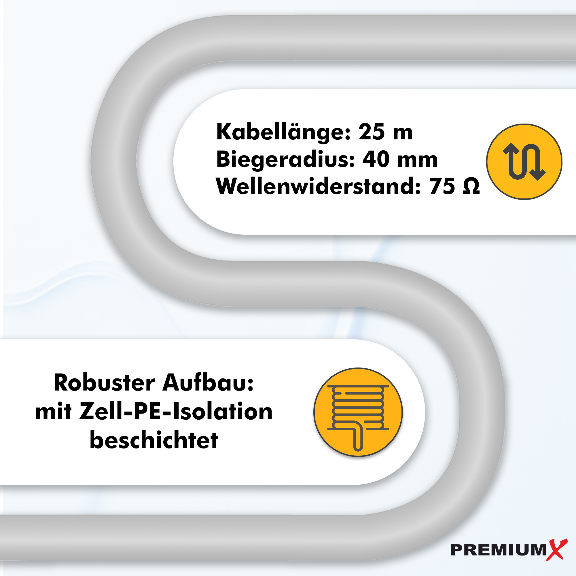 Kabel mit 25m Länge, 40mm Biegeradius, 75 Ohm Widerstand.