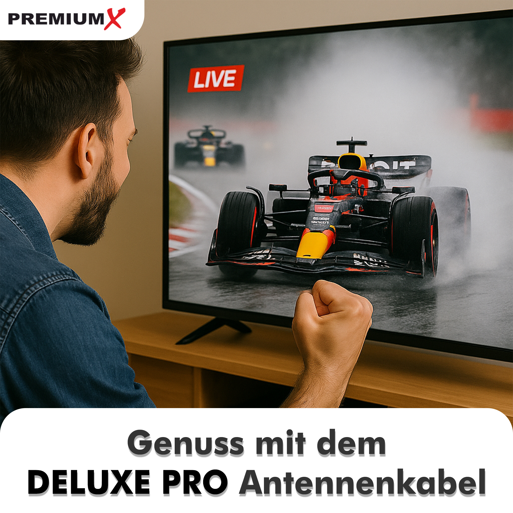 Mann schaut Formel 1 im Regen. Ein roter Rennwagen fährt auf nasser Strecke.