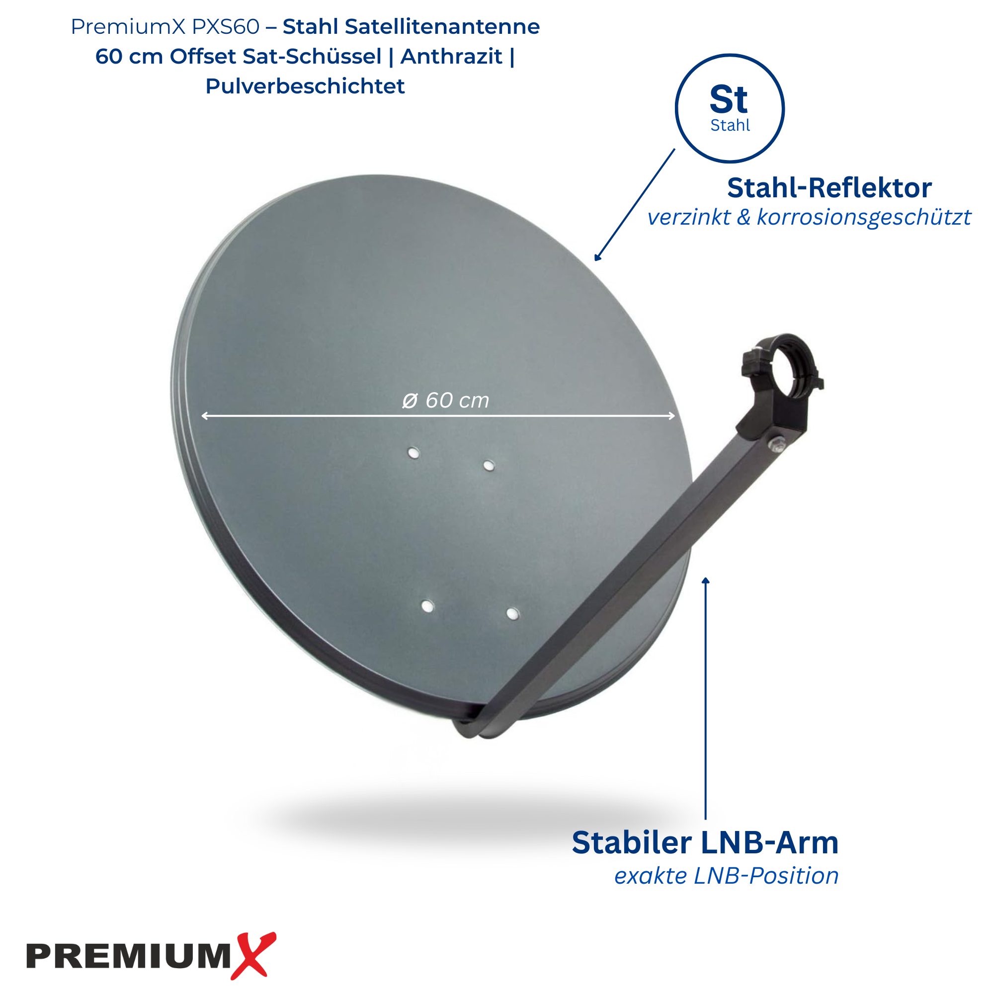 Eine graue 60cm Offset Satellitenschüssel aus Stahl mit einem LNB-Arm.