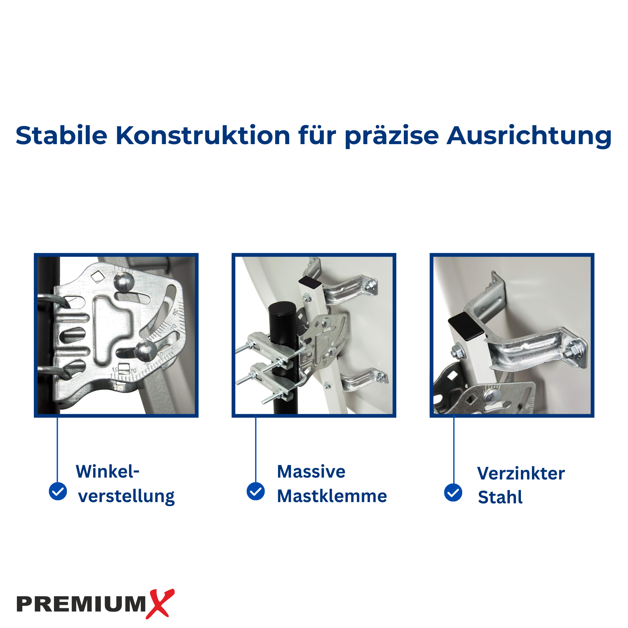 Drei Bilder zeigen eine Winkelverstellung, Mastklemme und verzinkten Stahl.
