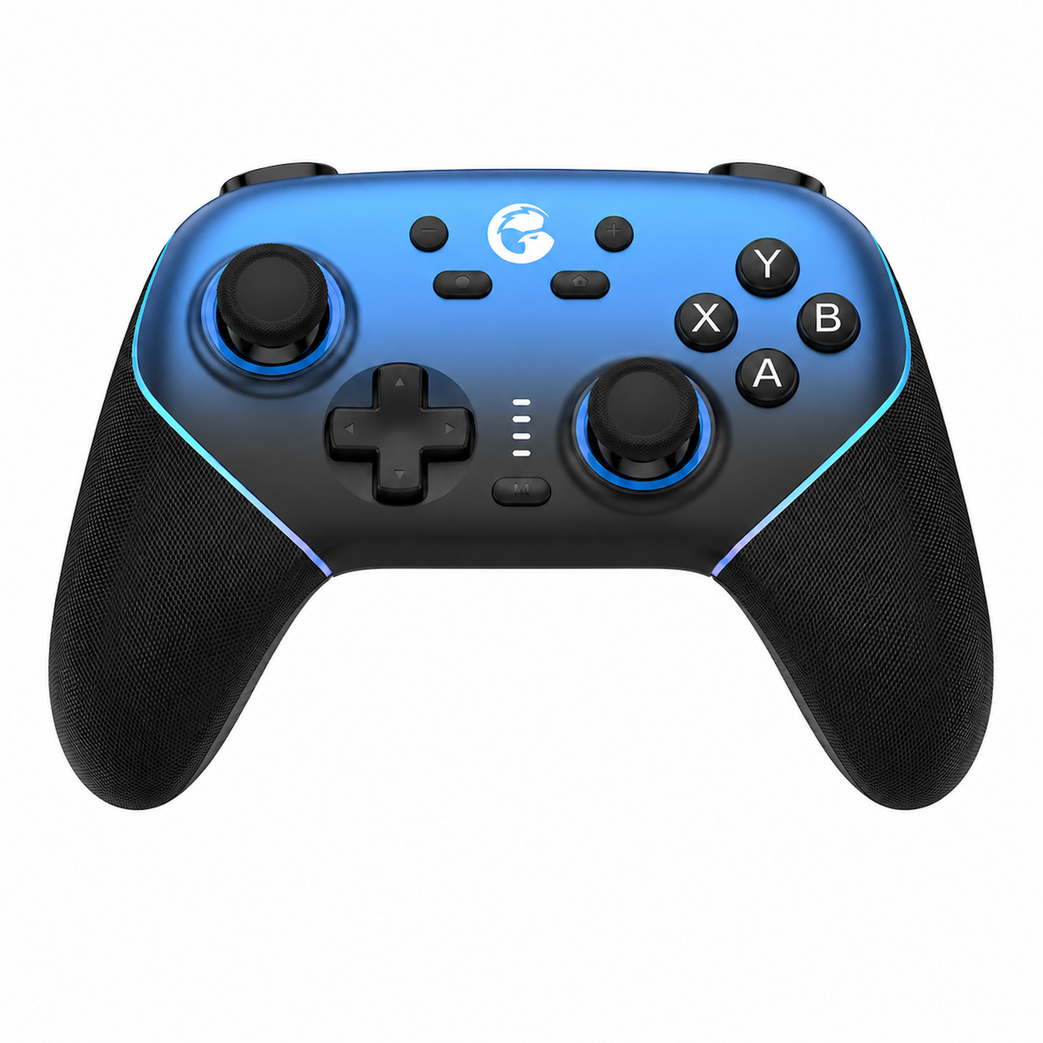 Ein blauer und schwarzer Gamecontroller mit beleuchteten Kanten.