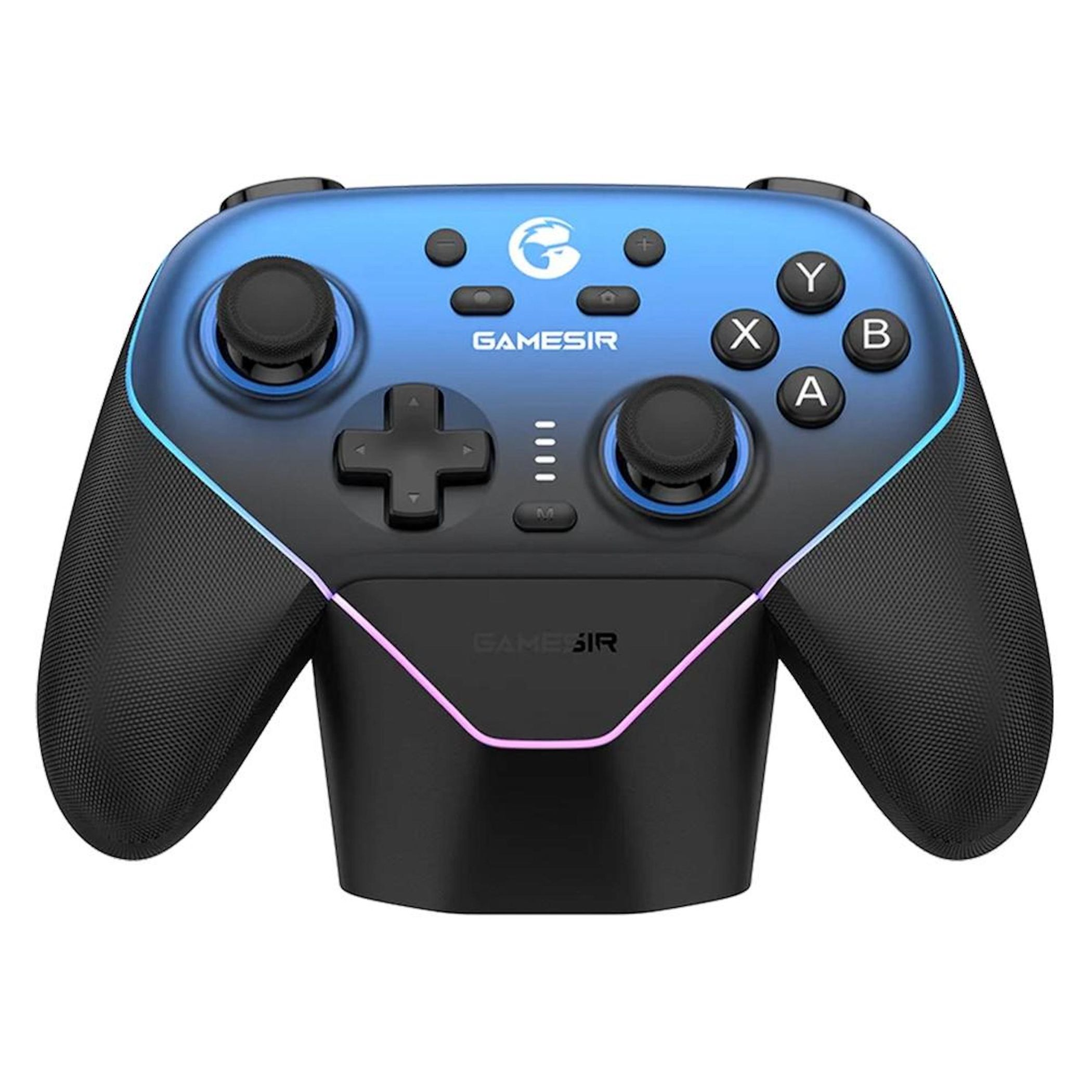 Ein blauer und schwarzer Gaming-Controller mit beleuchteten Akzenten auf einer Ladestation.