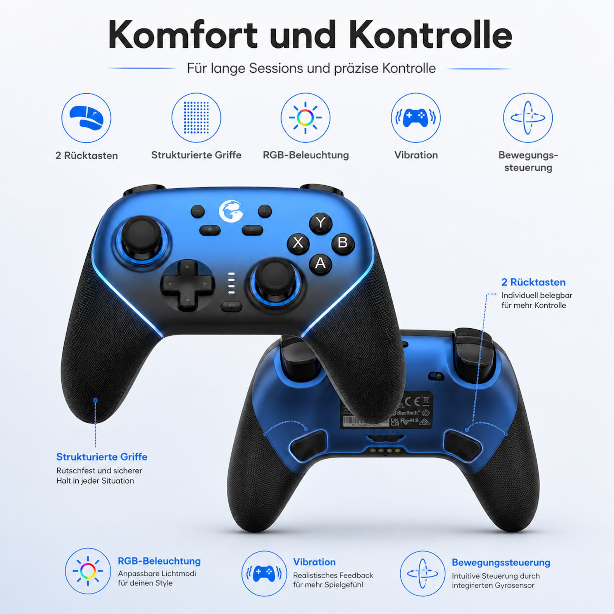 Blauer Gaming-Controller mit RGB-Beleuchtung, Text und Icons für Funktionen.