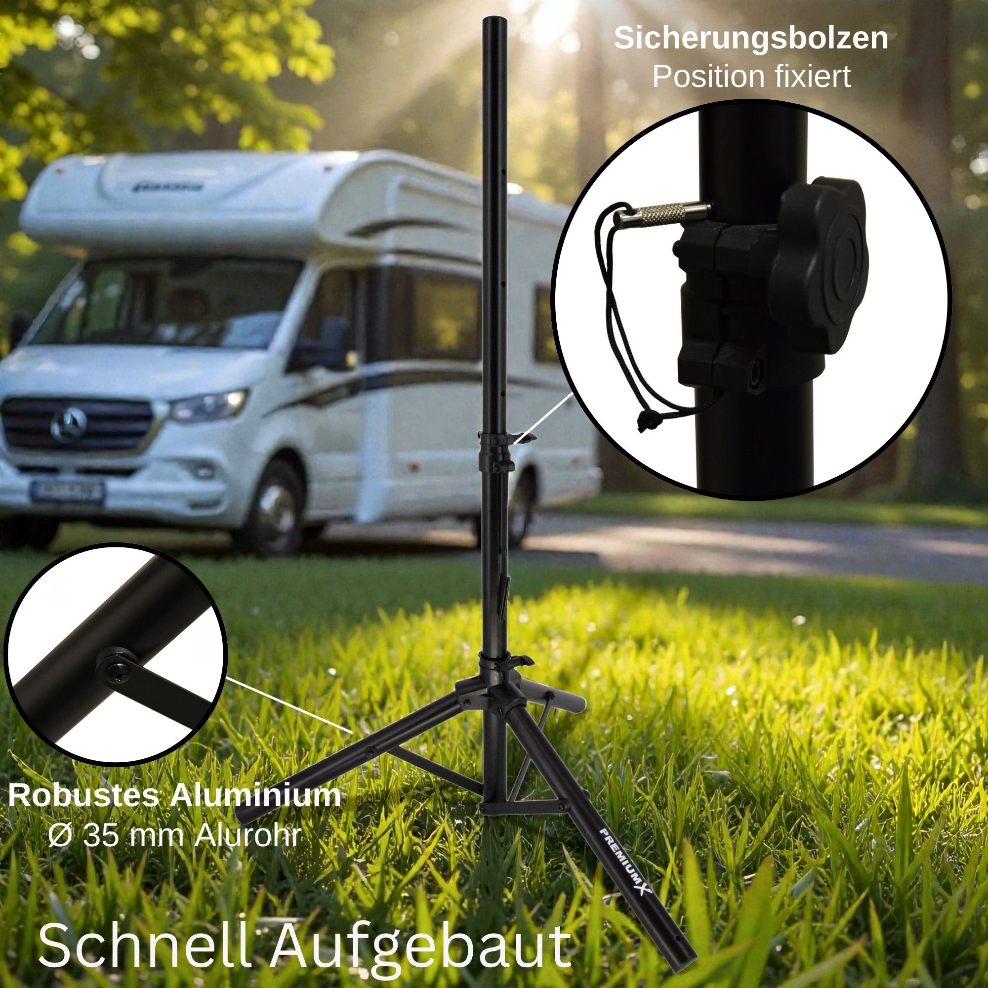 Schwarzer Stativständer mit Wohnmobil im Hintergrund. Nahaufnahmen zeigen Metallkonstruktion.