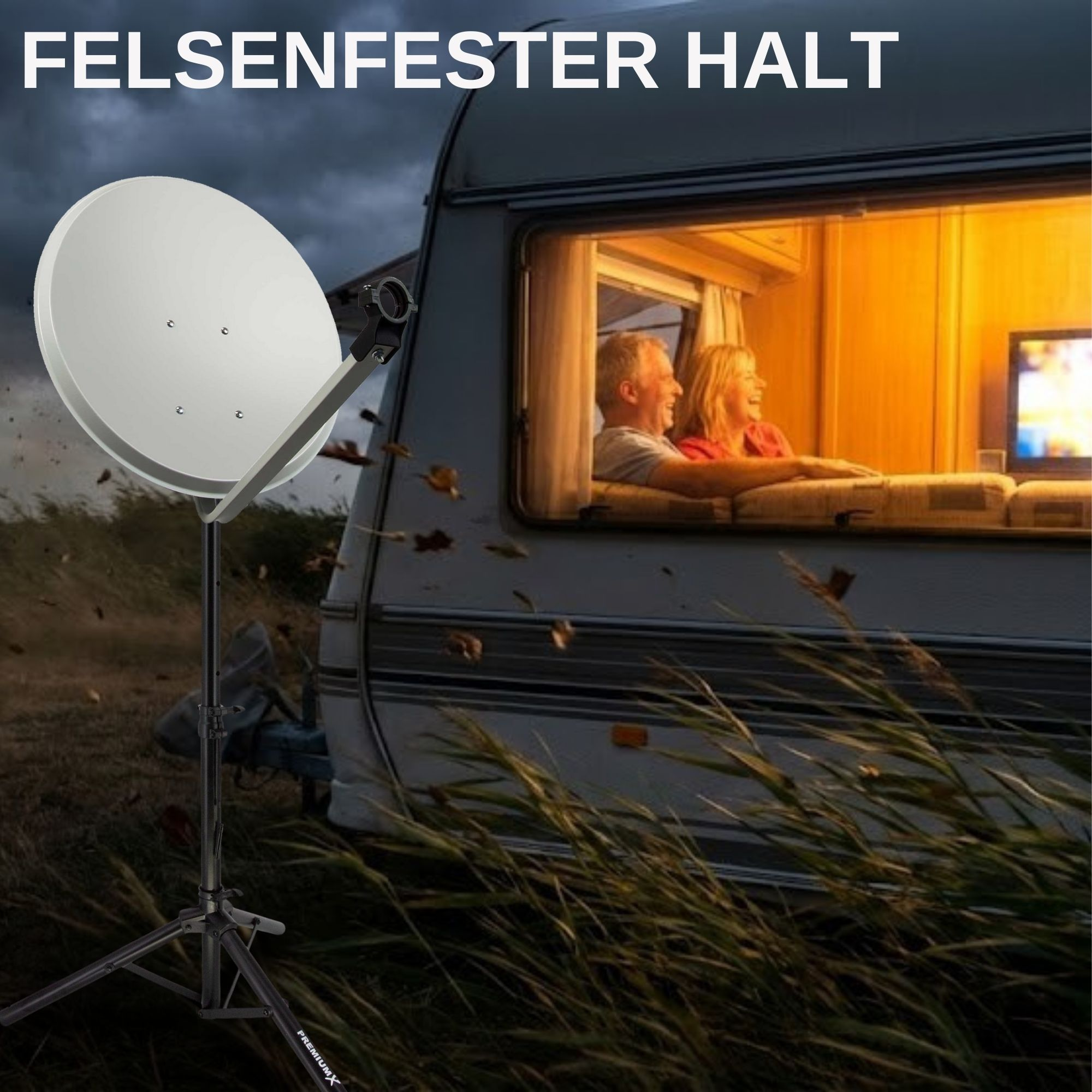 Satellitenschüssel im Feld in der Nähe eines Wohnwagens mit einem Paar, das drinnen fernsieht.