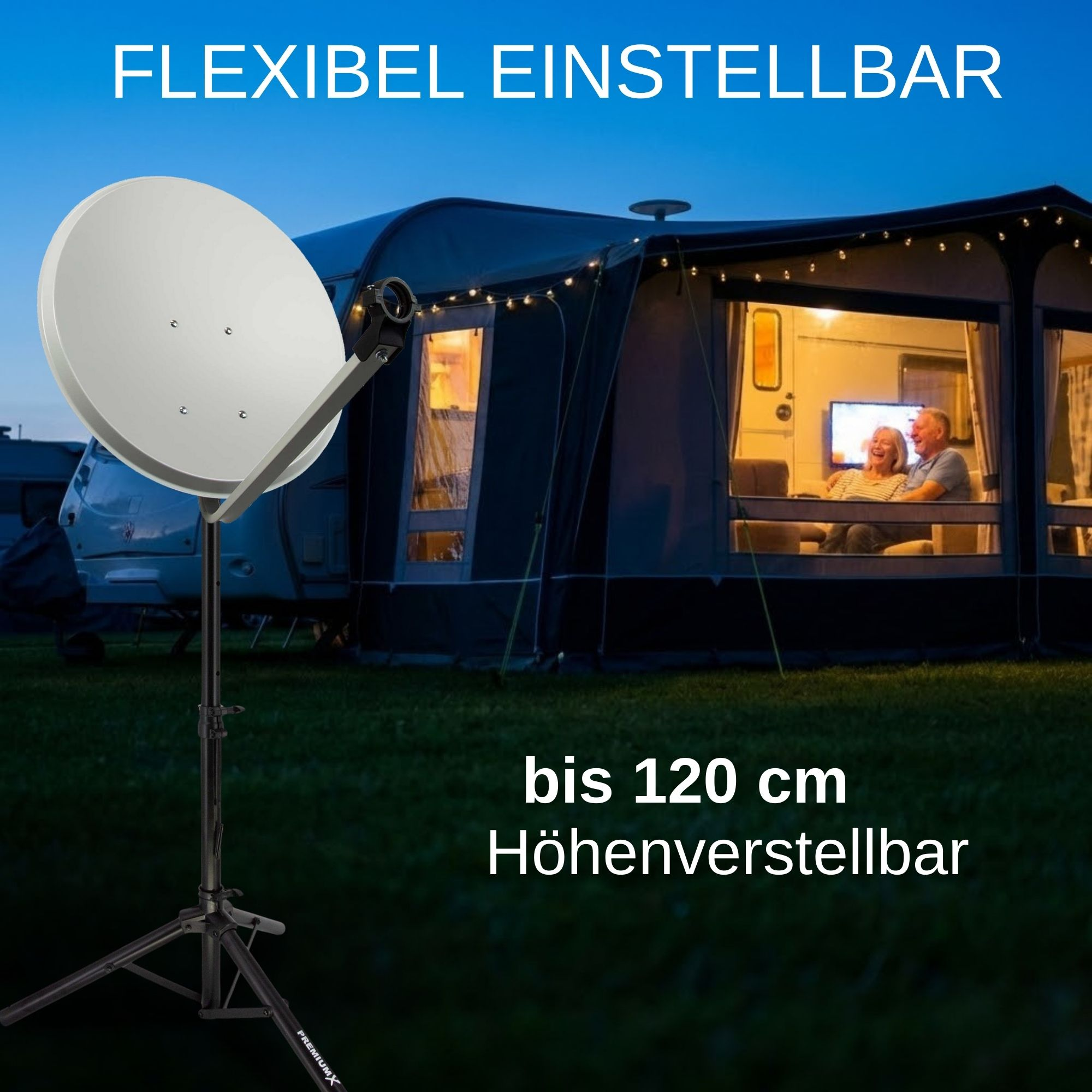 Eine Satellitenschüssel steht vor einem Wohnwagen mit Lichtern. Ein Paar sitzt drinnen.