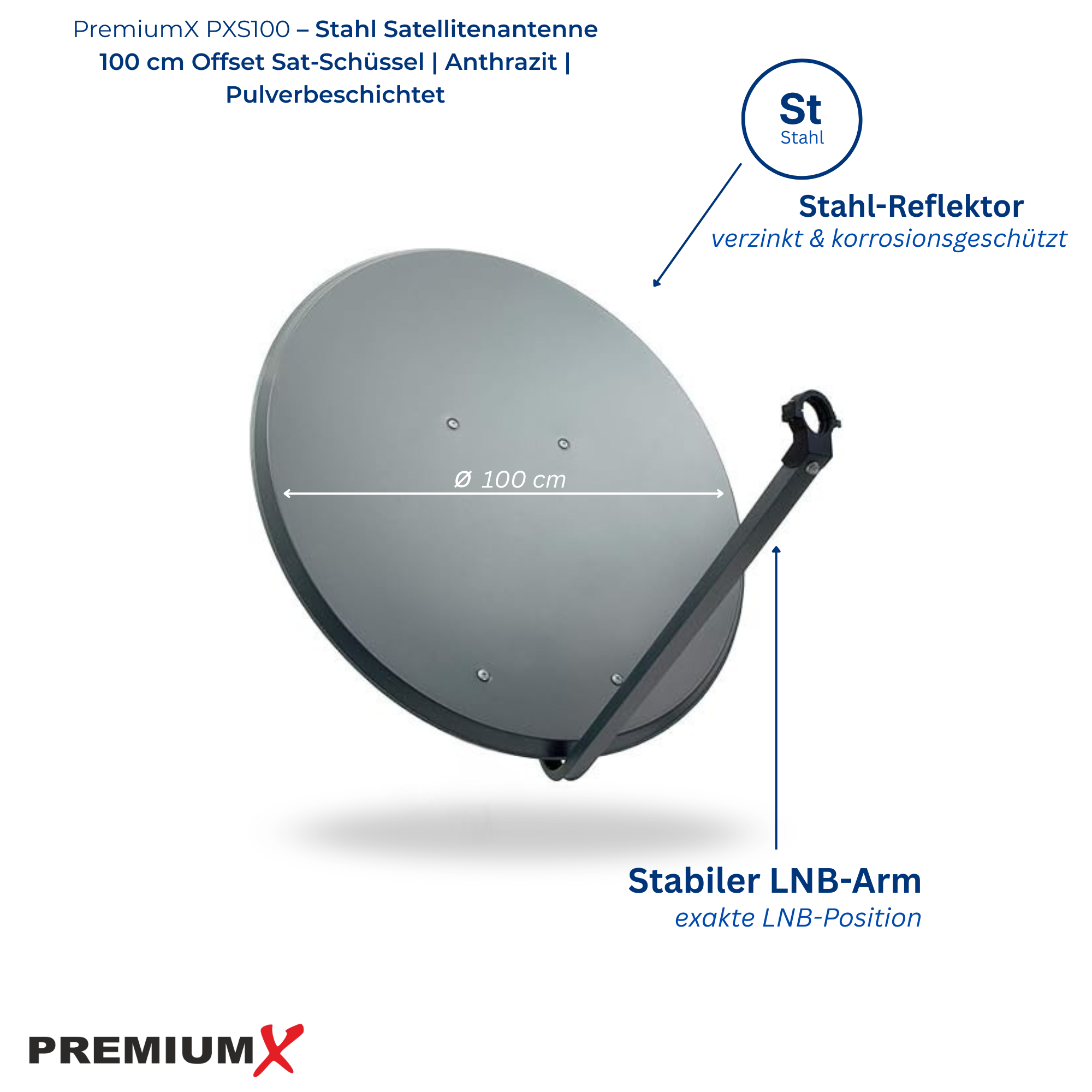 Eine graue 100 cm Offset Satellitenschüssel mit LNB-Arm und Beschriftungen.