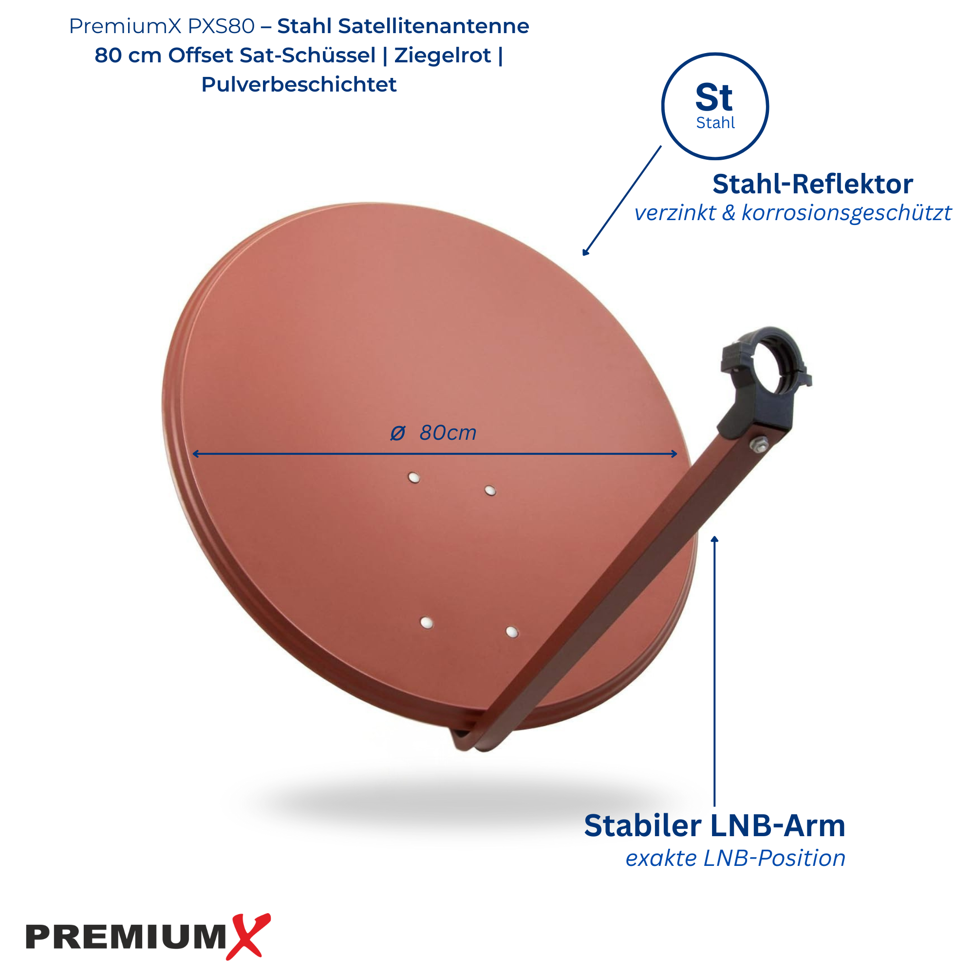 80cm terrakottafarbene Satellitenschüssel mit LNB-Arm und Stahlreflektor.
