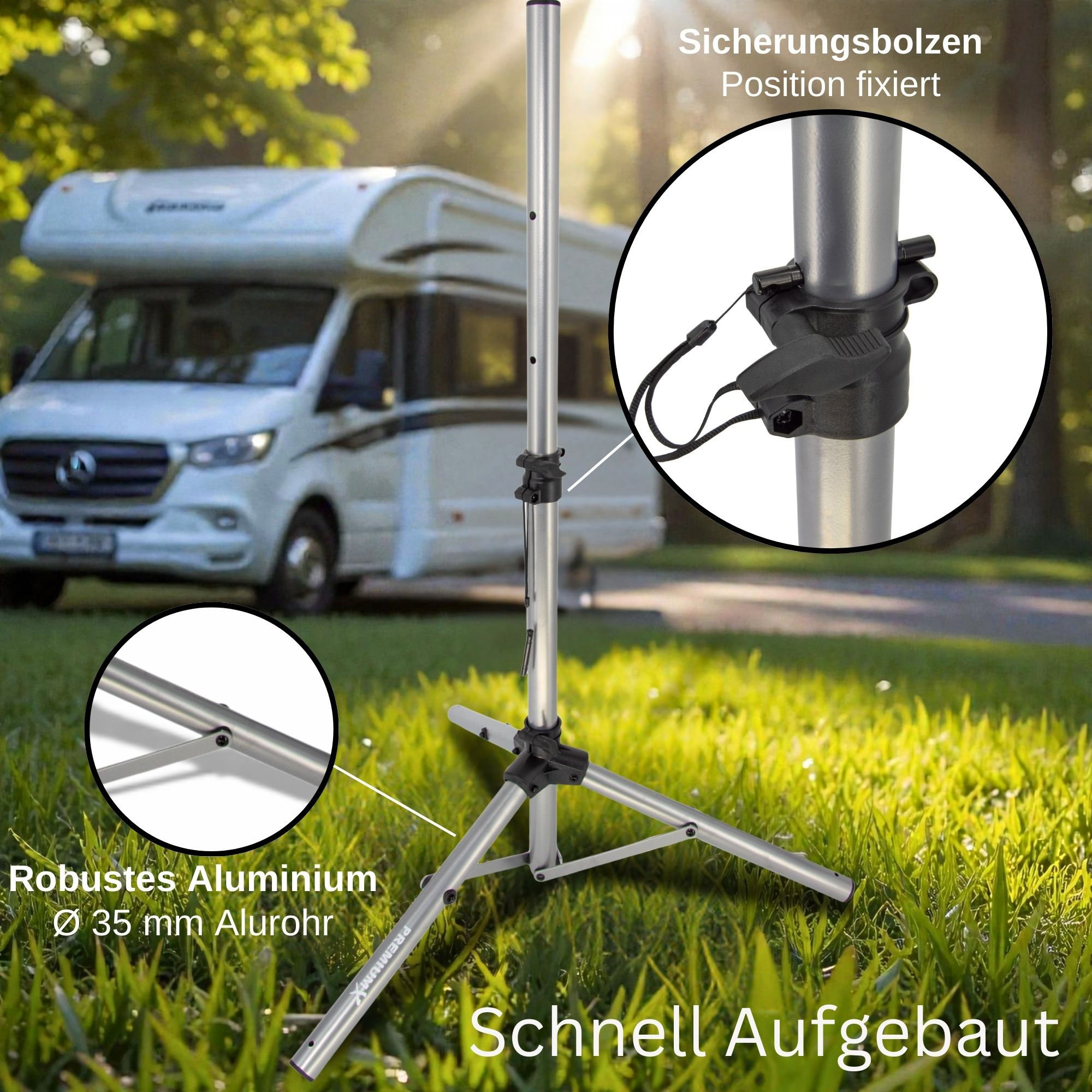 Ein silberner Ständer mit ausklappbaren Beinen steht auf Gras. Ein Wohnmobil ist im Hintergrund.