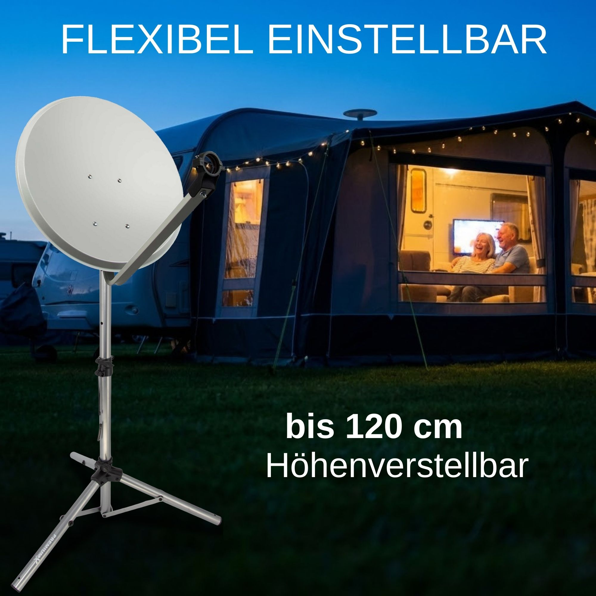 Eine Satellitenschüssel steht vor einem Wohnwagenvorzelt, in dem ein Paar fernsieht.