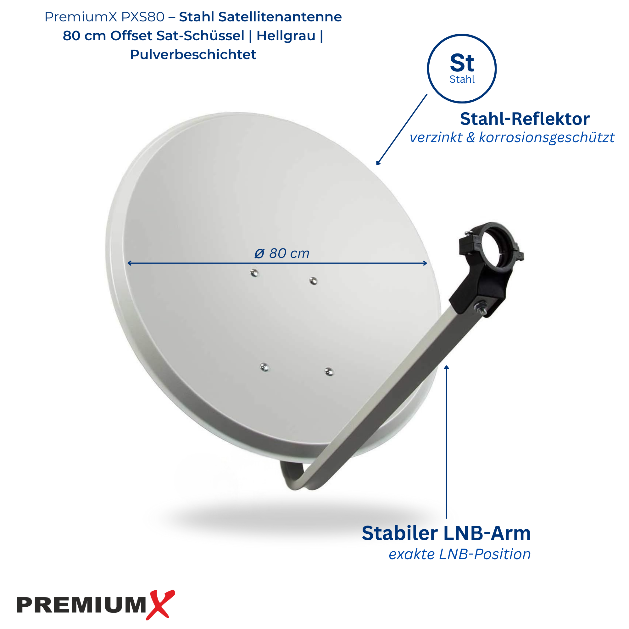 Hellgraue 80cm Stahl Satellitenschüssel mit stabilem LNB-Arm.