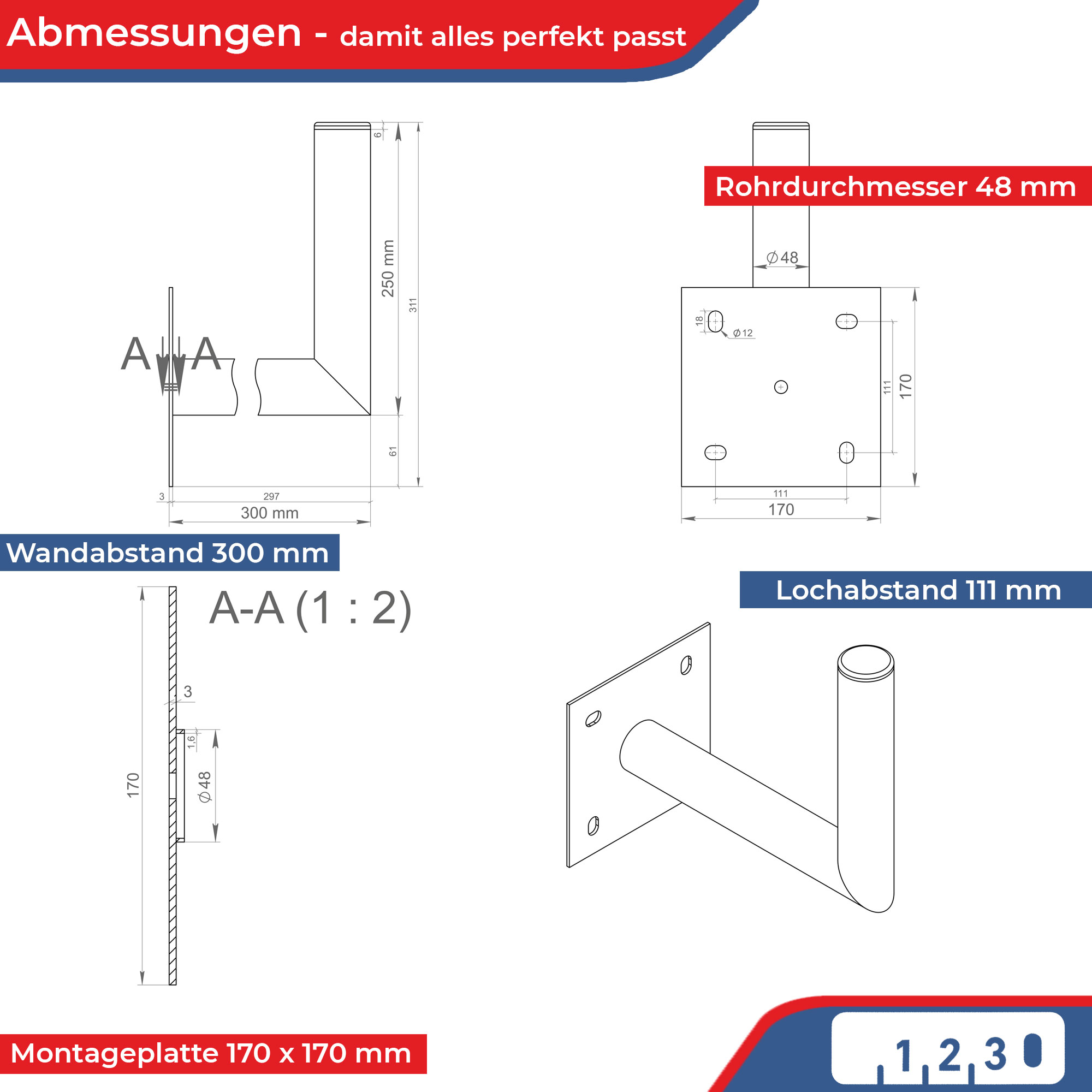 Technische Zeichnung mit Maßen für ein Montageelement mit Rohr.