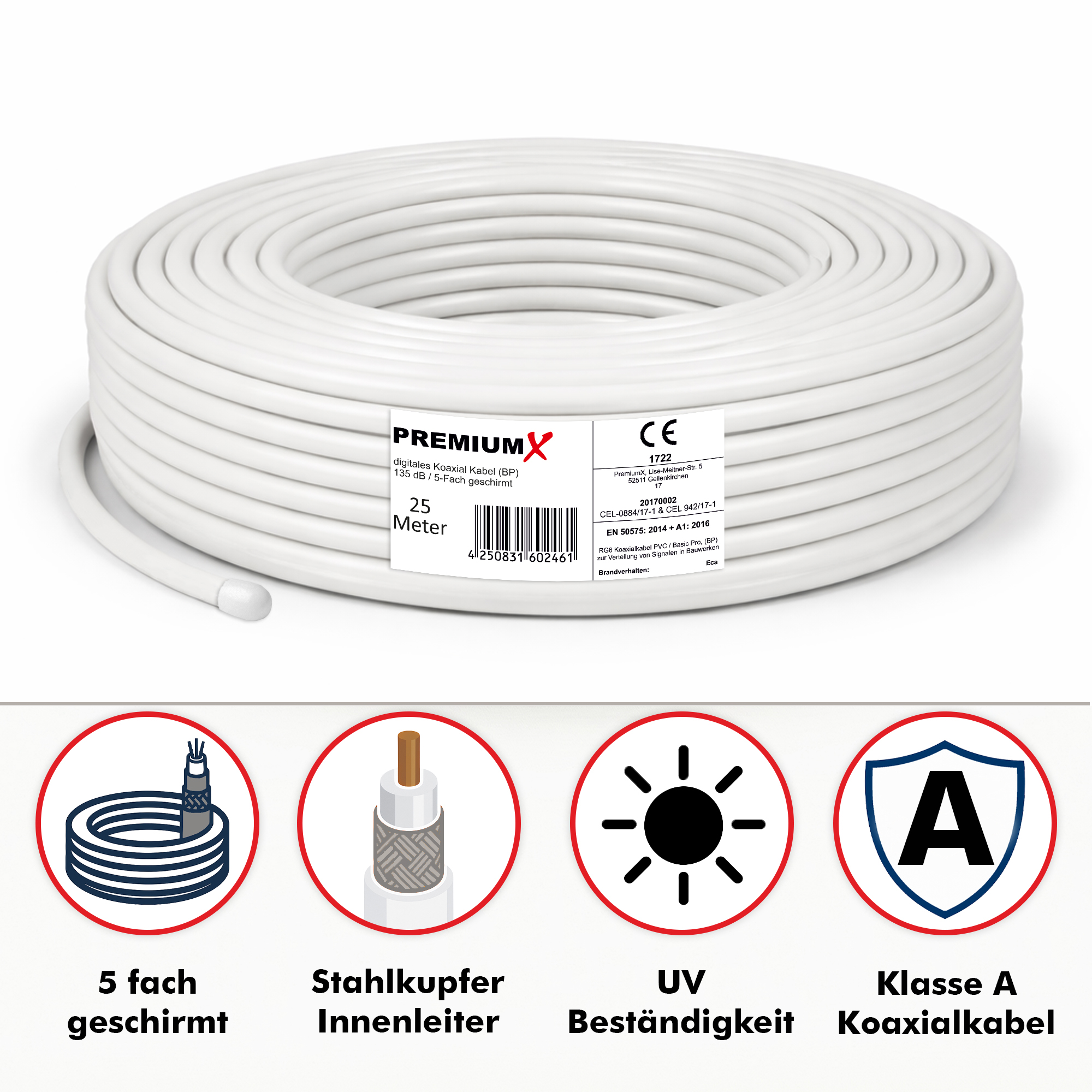 Weißes Koaxialkabel aufgerollt, 25m, 5-fach geschirmt, UV-beständig, Klasse A.