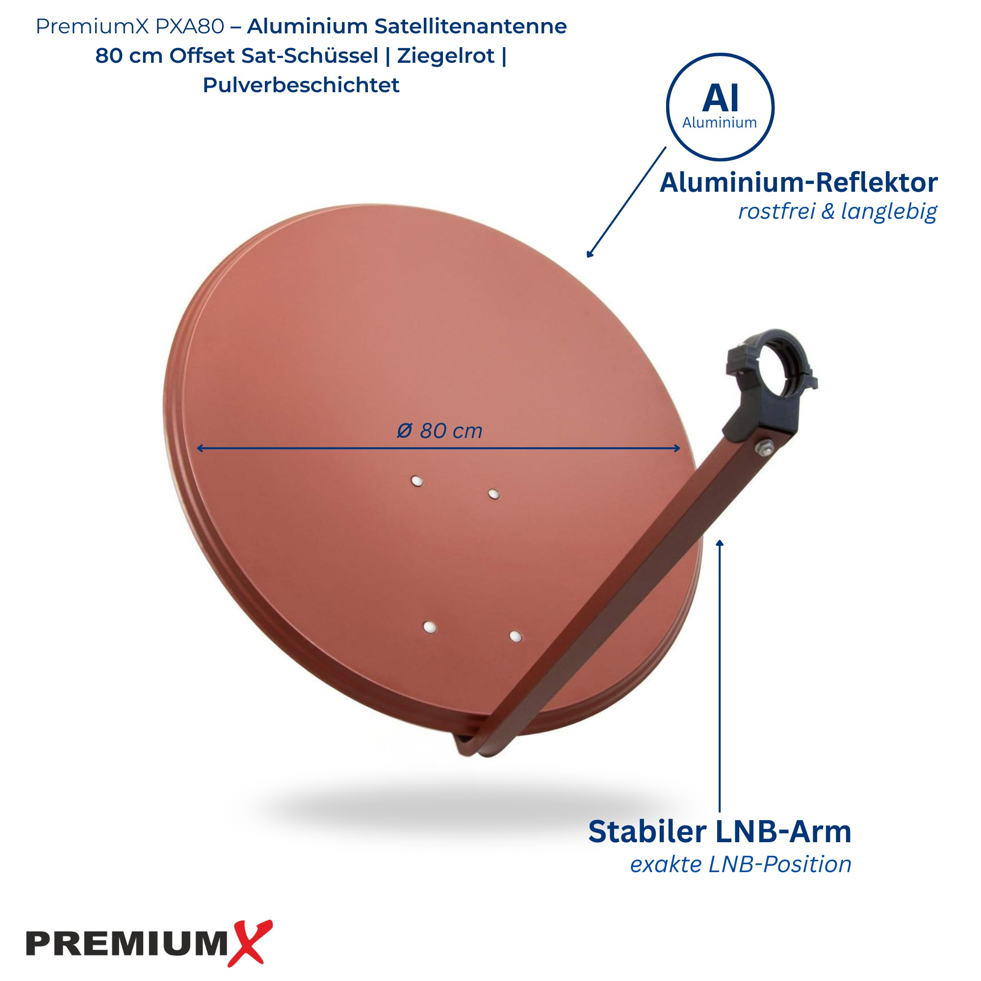 Eine ziegelrote 80 cm Offset-Satellitenschüssel aus Aluminium mit LNB-Arm.