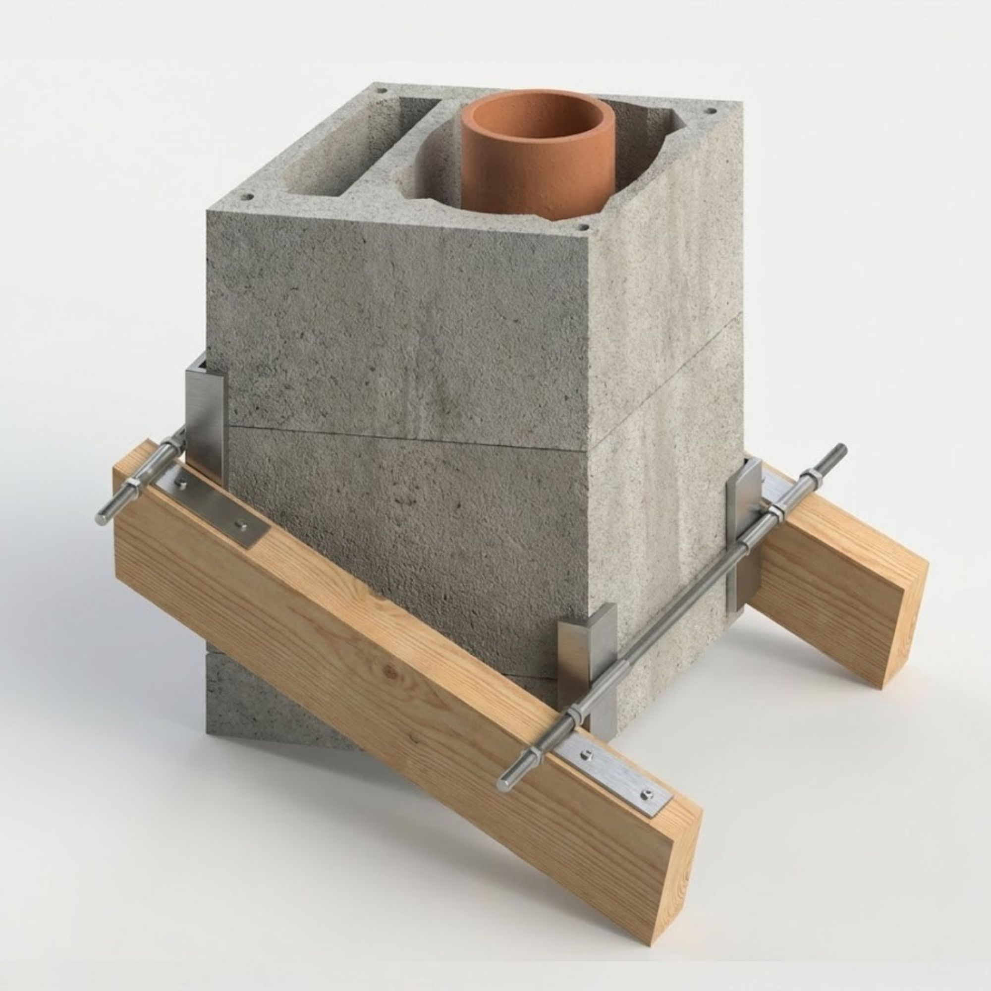 Ein Betonblock mit einem Keramikrohr darin, gestützt von Holzstreben und Metallklammern.