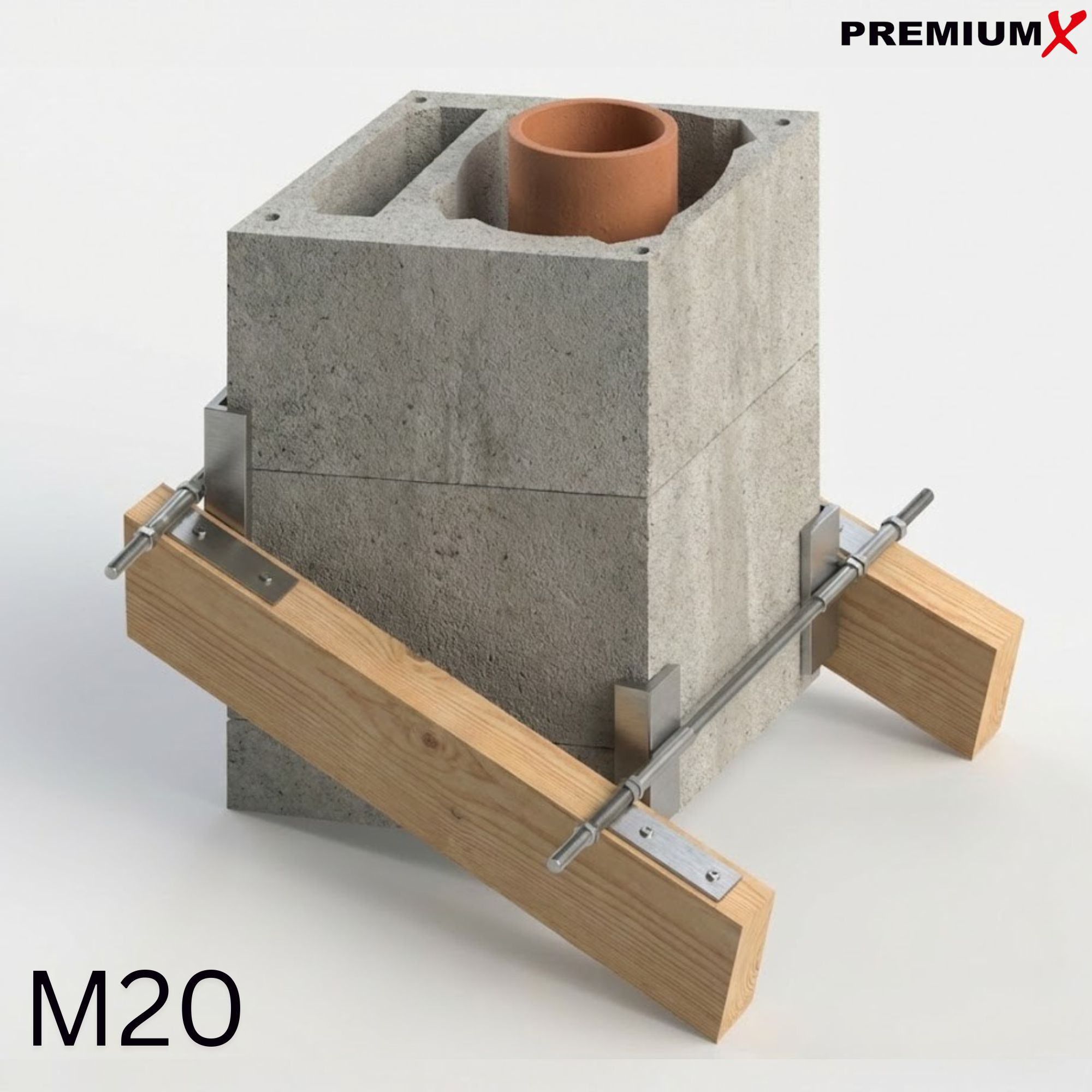 Betonblock mit Rohreinlass, gestützt von Holzstreben und Metallklammern.