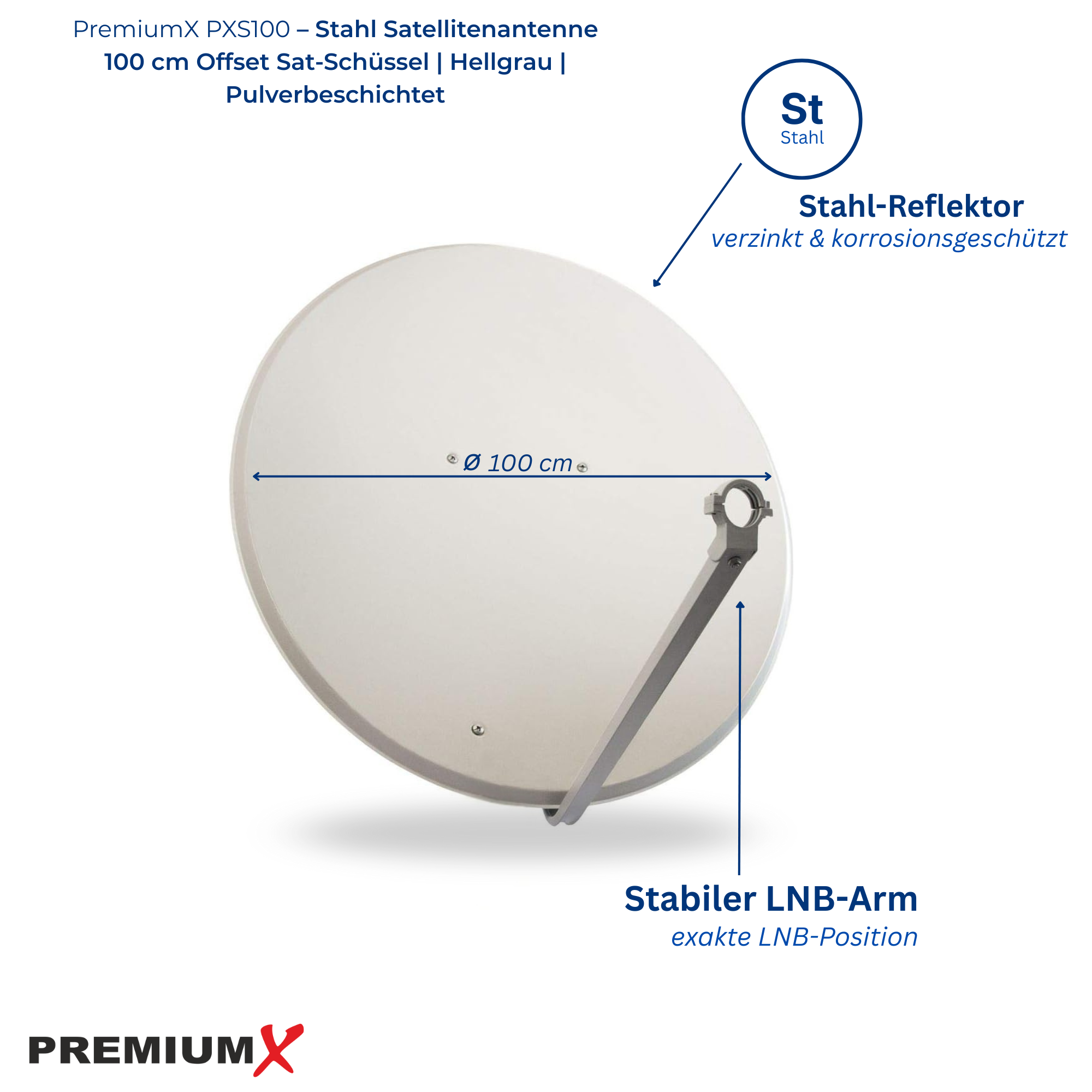 Eine hellgraue 100 cm Stahl Satellitenschüssel mit LNB-Arm und Stahldetails.