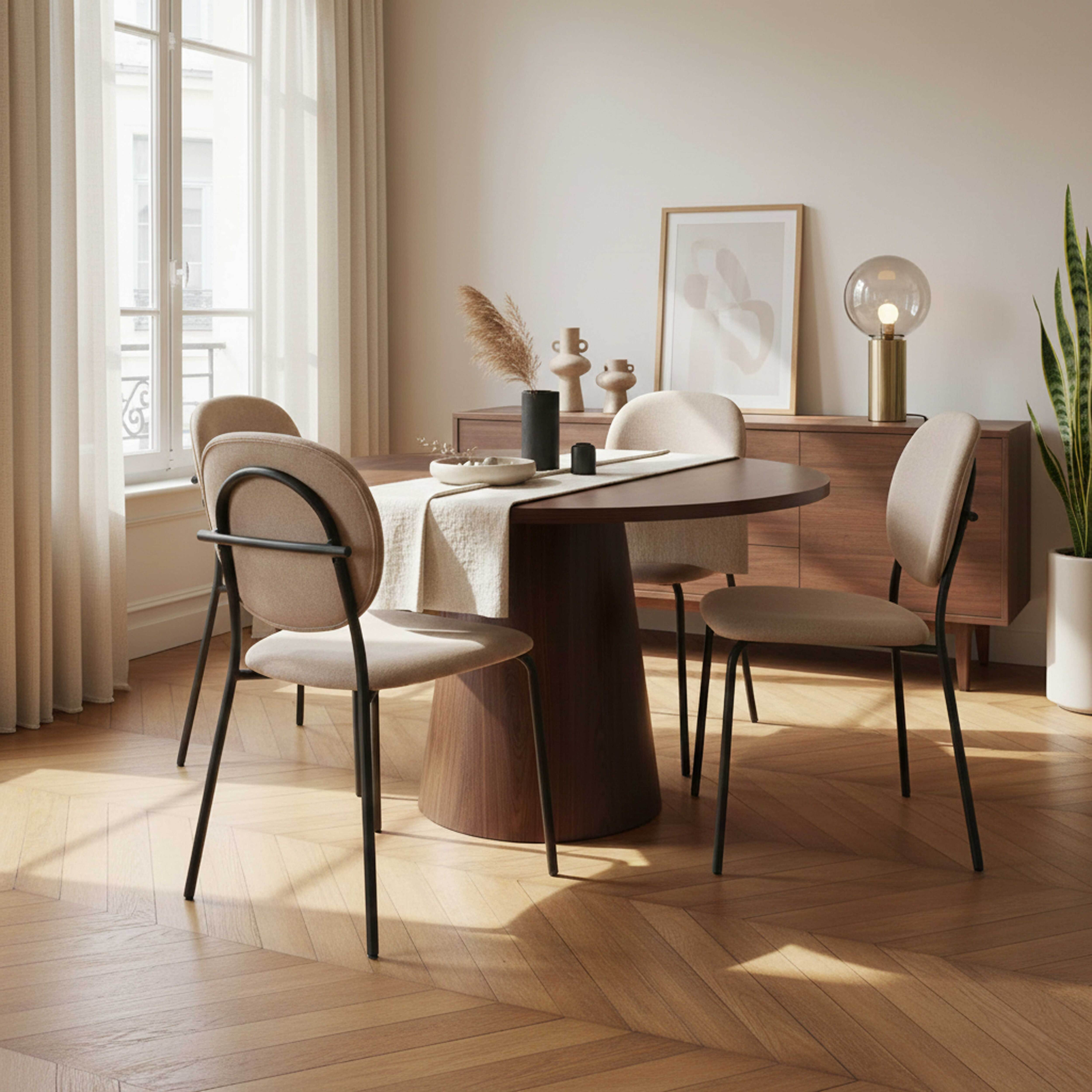 Ein Esstisch mit vier Stühlen in einer hellen Wohnung mit Holzboden.