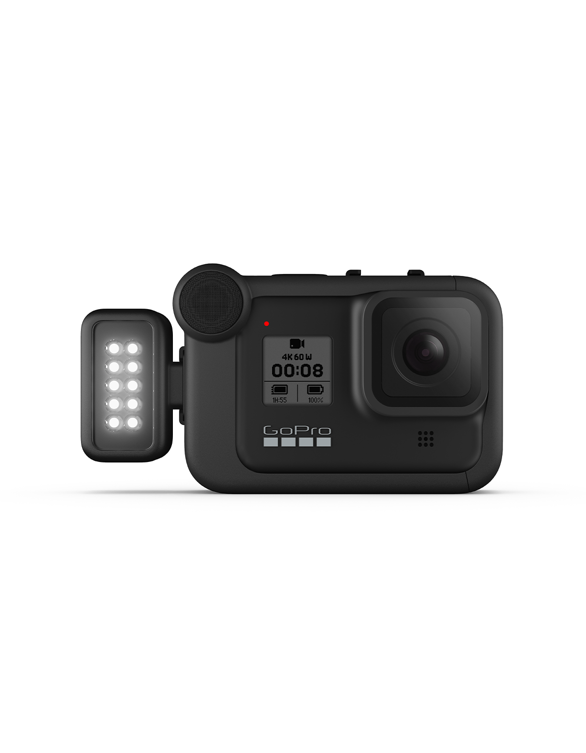 Schwarze GoPro mit angebrachtem LED-Licht auf weißem Hintergrund.