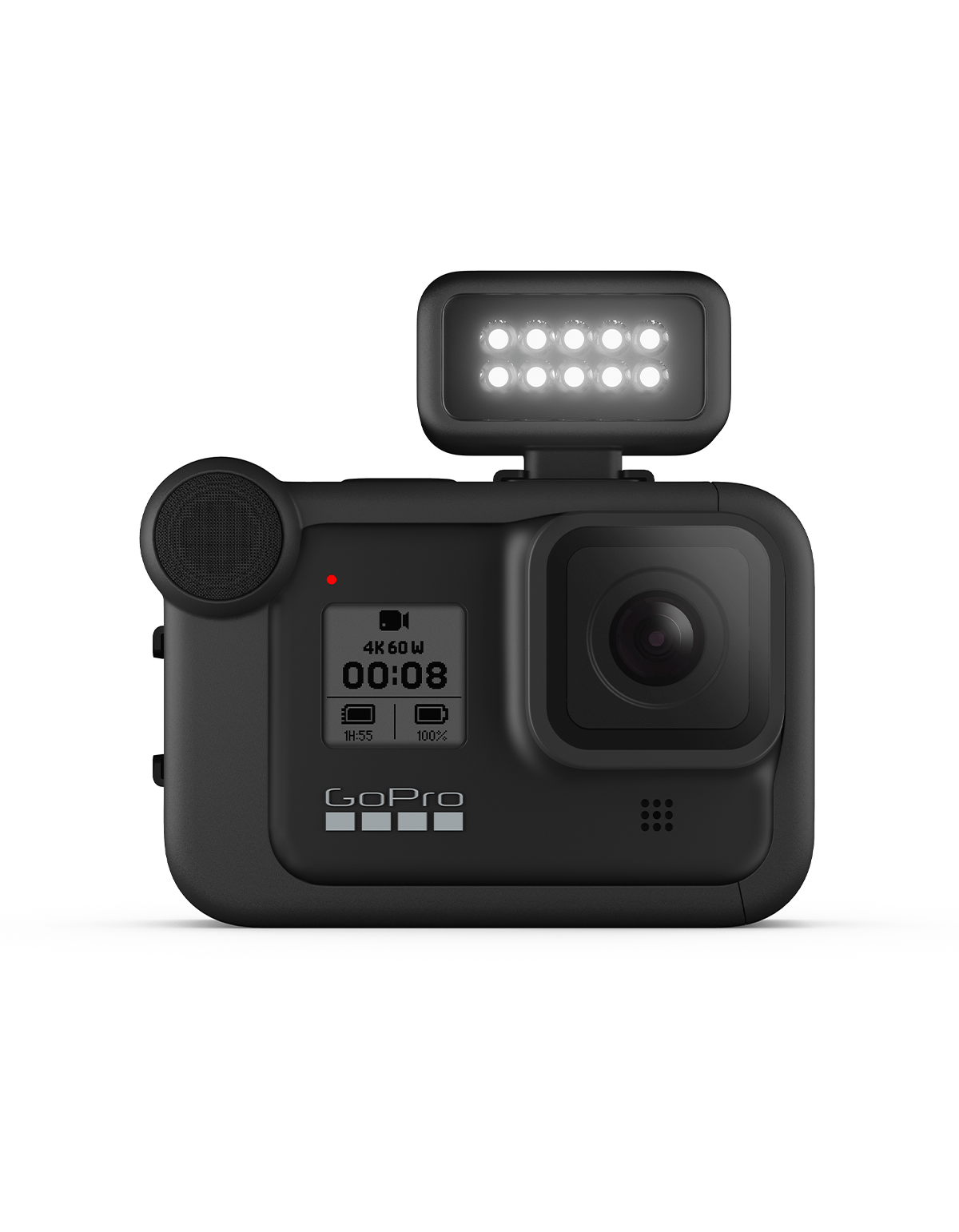 Schwarze GoPro mit LED-Lichtaufsatz und Display.