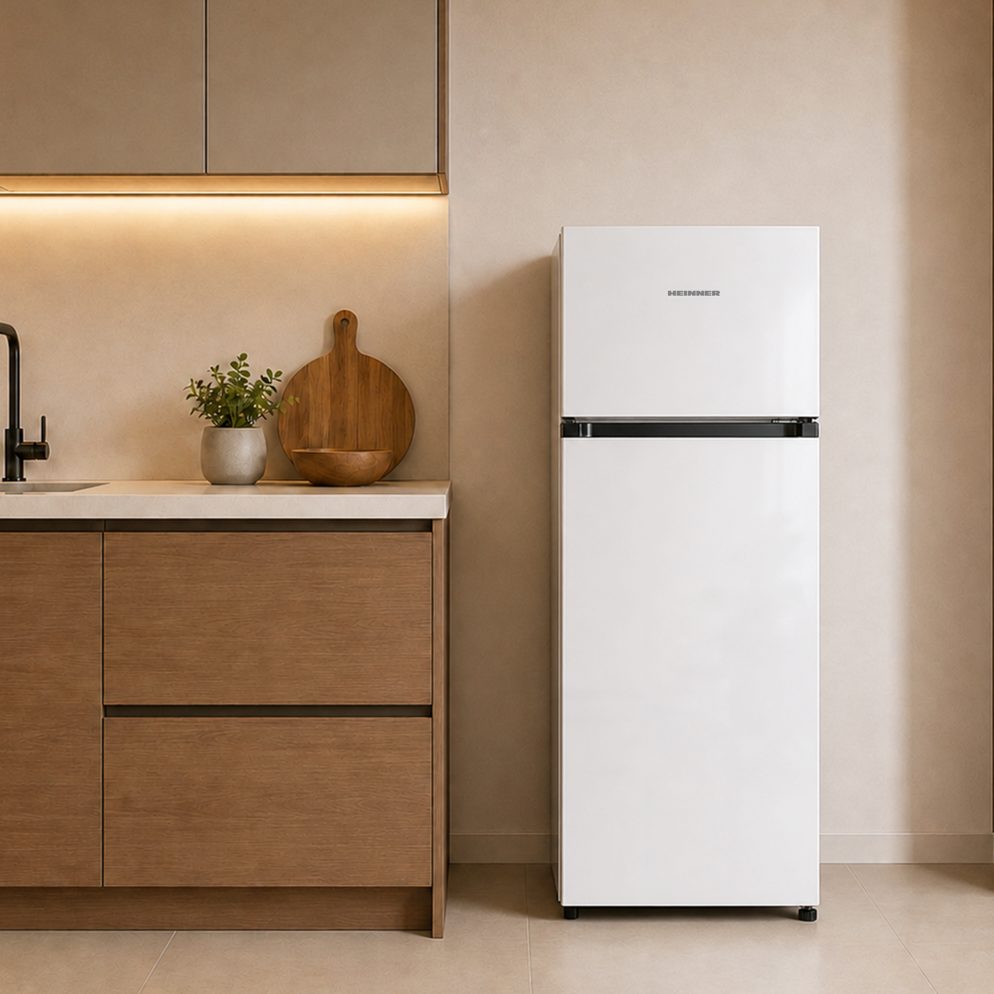 Een witte koelkast staat naast houten kasten in een keuken.